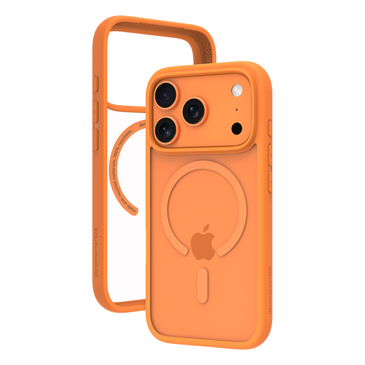 Custodia arancione per telefono con logo Apple, due parti: custodia principale e telaio. Ha un retro trasparente e il nome del marchio è visibile.