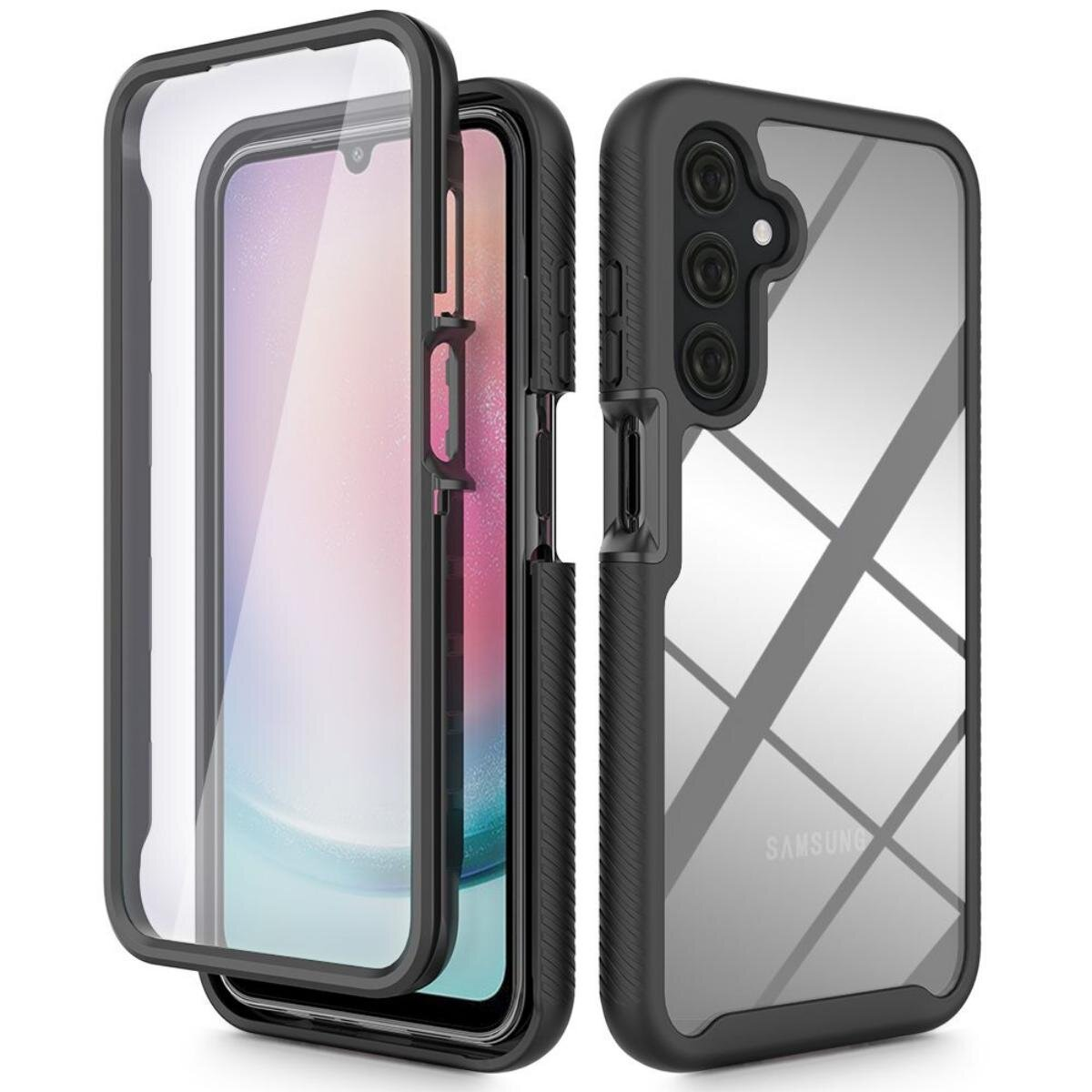 Zerlegtes Handycase, mit klarer Frontabdeckung und schwarzem Rückenteil, mit einem Telefon darin.