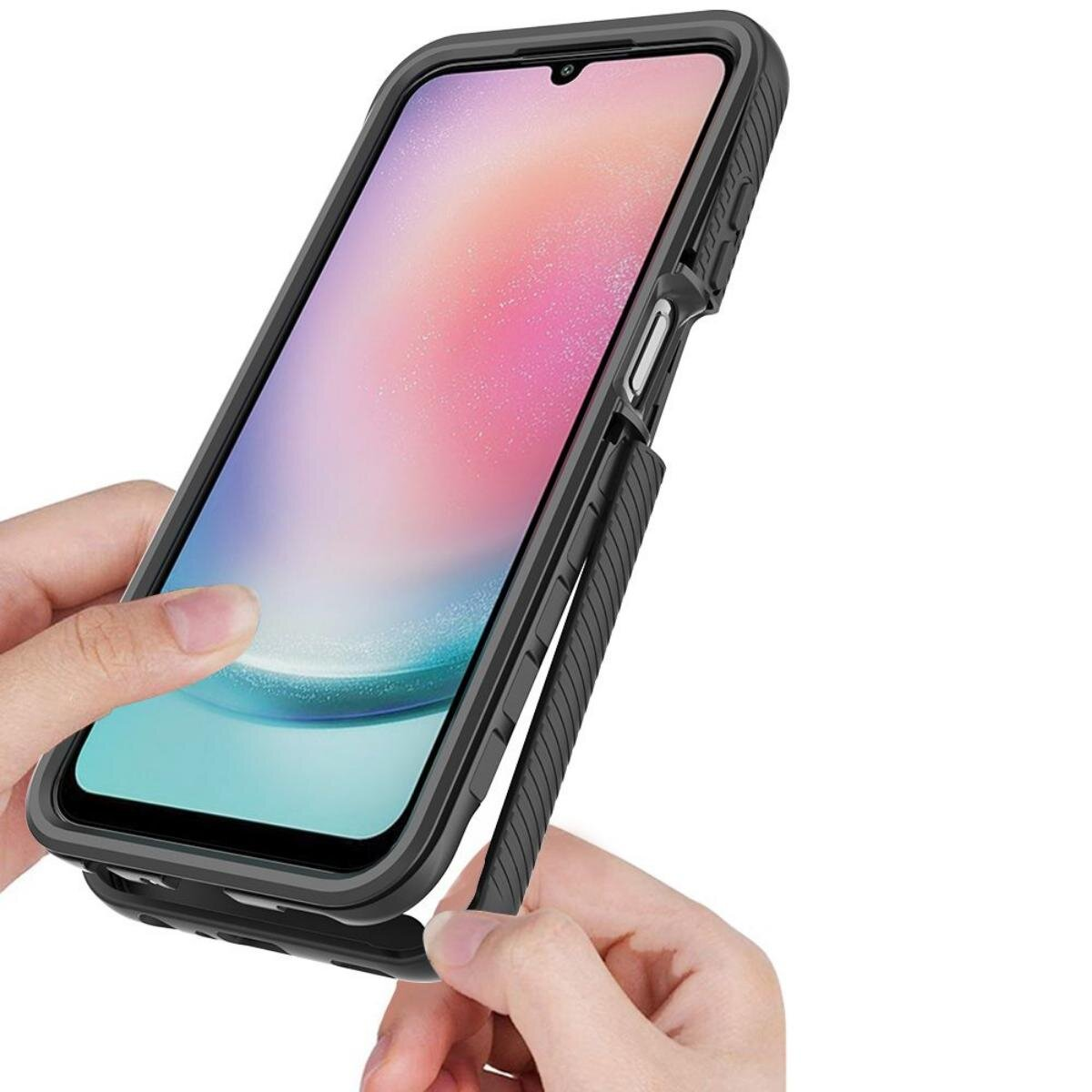 Eine Person hält ein schwarzes Telefon in einer Schutzhülle. Der Bildschirm zeigt einen bunten Hintergrund. Die Hülle hat einen integrierten Ständer.