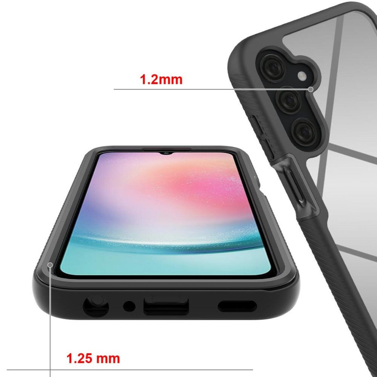 Ein Telefon in einer schwarzen Hülle. Die Maße 1,2 mm und 1,25 mm sind angegeben. Der Bildschirm zeigt ein farbenfrohes Bild.