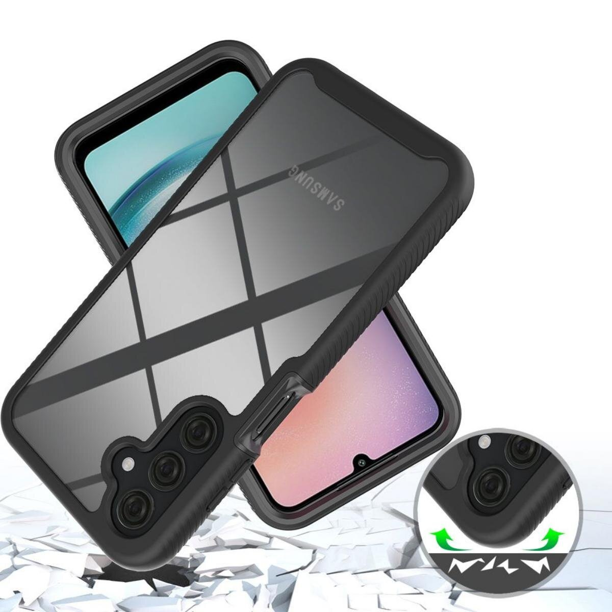 Drei Smartphone-Hüllen, zwei mit Bildschirmen. Schwarze Schutzhüllen über den Telefonen, mit durchsichtigem Rücken und Samsung-Logo.