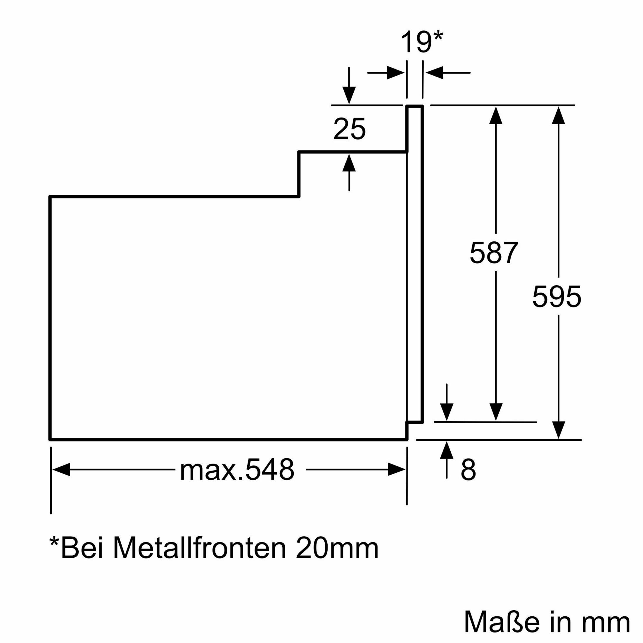 Diagramm mit Abmessungen in mm. Enthält Linien und Pfeile, die Größen angeben: 548, 595, 587, 19, 25 und 8.
