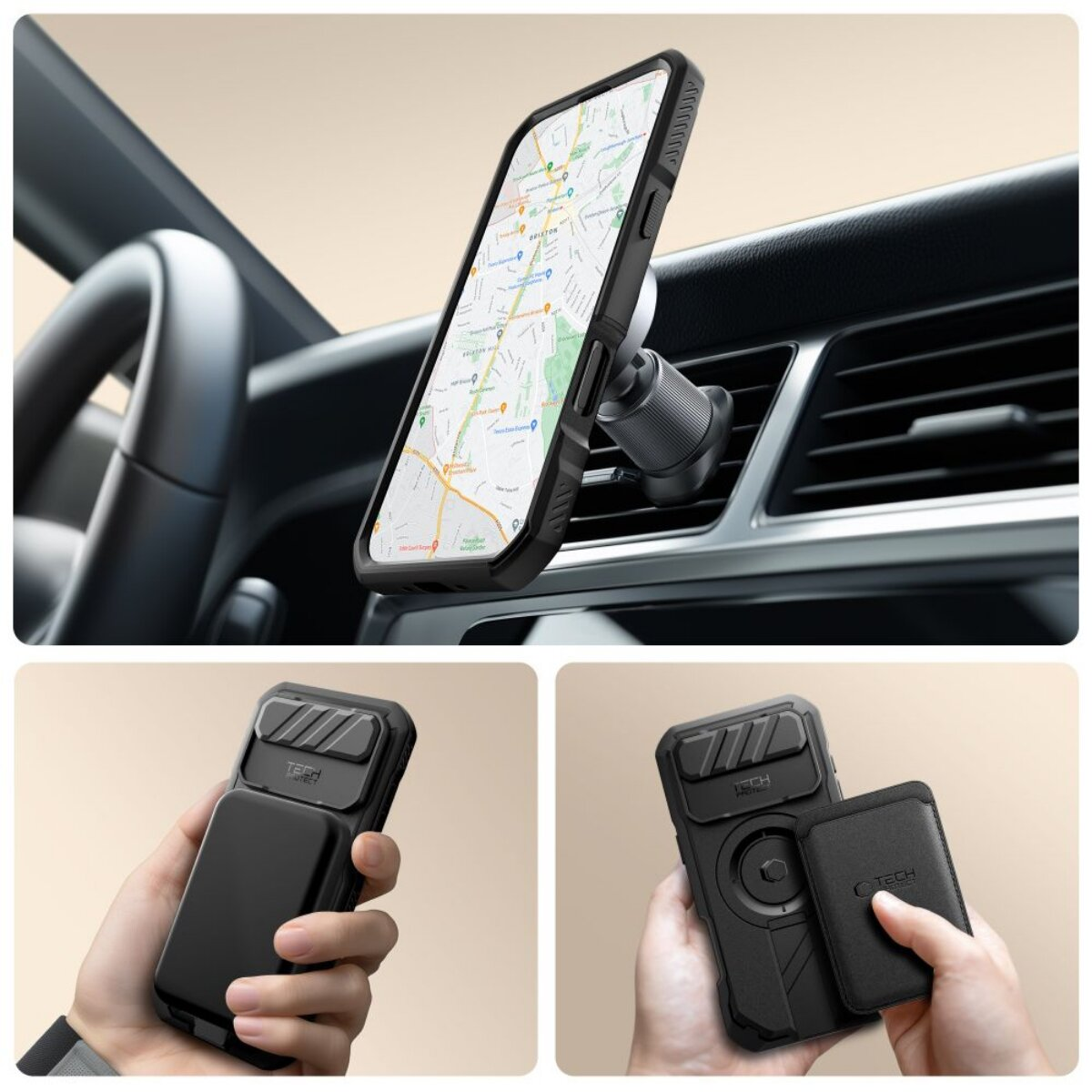 Ein Telefon in einer schwarzen Hülle ist in einem Auto montiert. Darunter werden schwarzes Telefonzubehör in Händen gehalten.