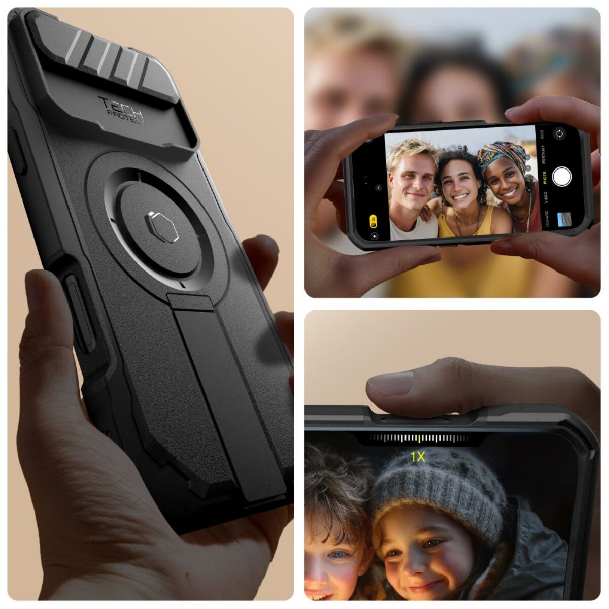 Gezeigt werden eine Handyhülle und zwei Fotos, die gemacht werden. Eines zeigt drei Personen, das andere zwei Kinder.