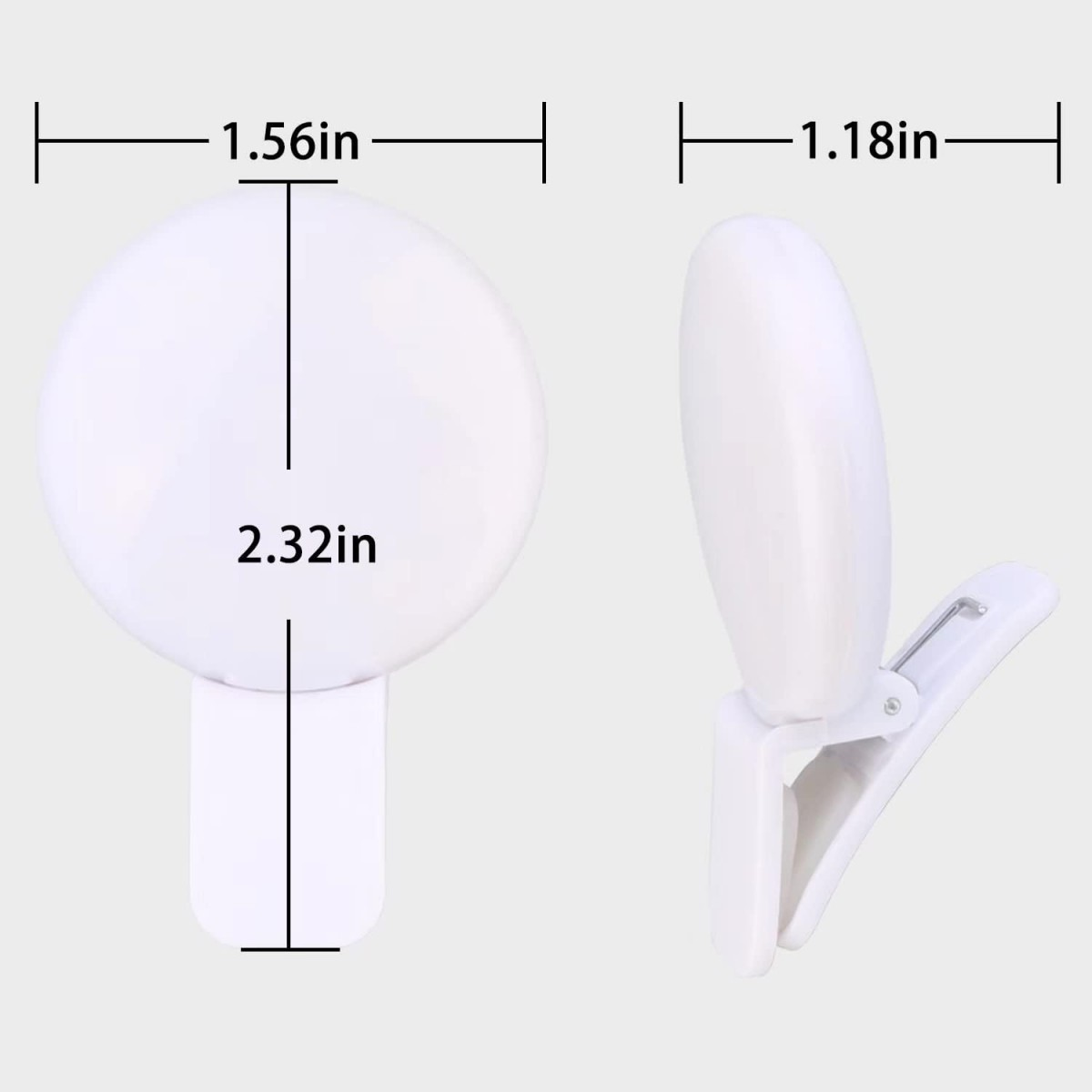 Zwei weiße LED-Leuchten, eine rund und eine ovale, mit Maßen und einem Clip zur Befestigung an einem Telefon oder Ähnlichem.