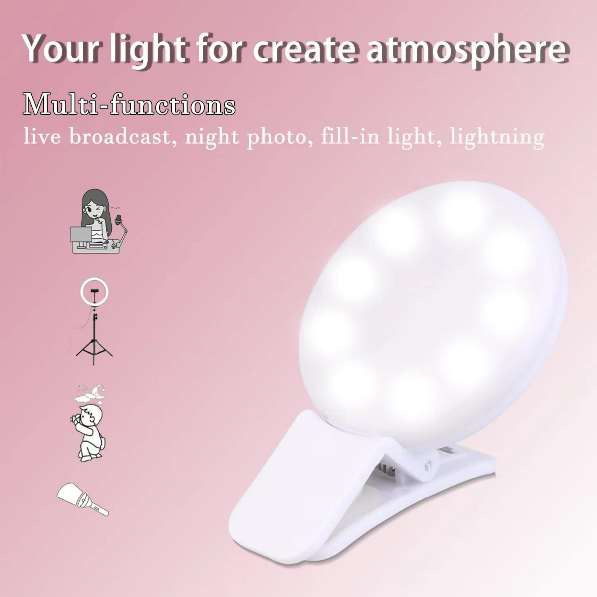 Ein weißes LED-Licht mit Clip. Es ist für Live-Übertragungen, Nachtfotos und Fülllicht, mit Text-Overlay.