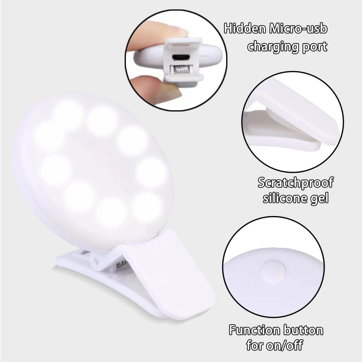 Weißes LED-Ringlicht mit Clip. Zu den Merkmalen gehören ein Micro-USB-Ladeanschluss, Silikongel und eine Ein-/Aus-Funktionstaste.