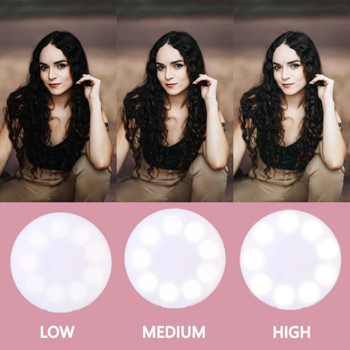 Drei Bilder einer Frau mit lockigem Haar und drei Kreise mit Lichtern, die mit LOW, MEDIUM und HIGH beschriftet sind, auf rosa Hintergrund.