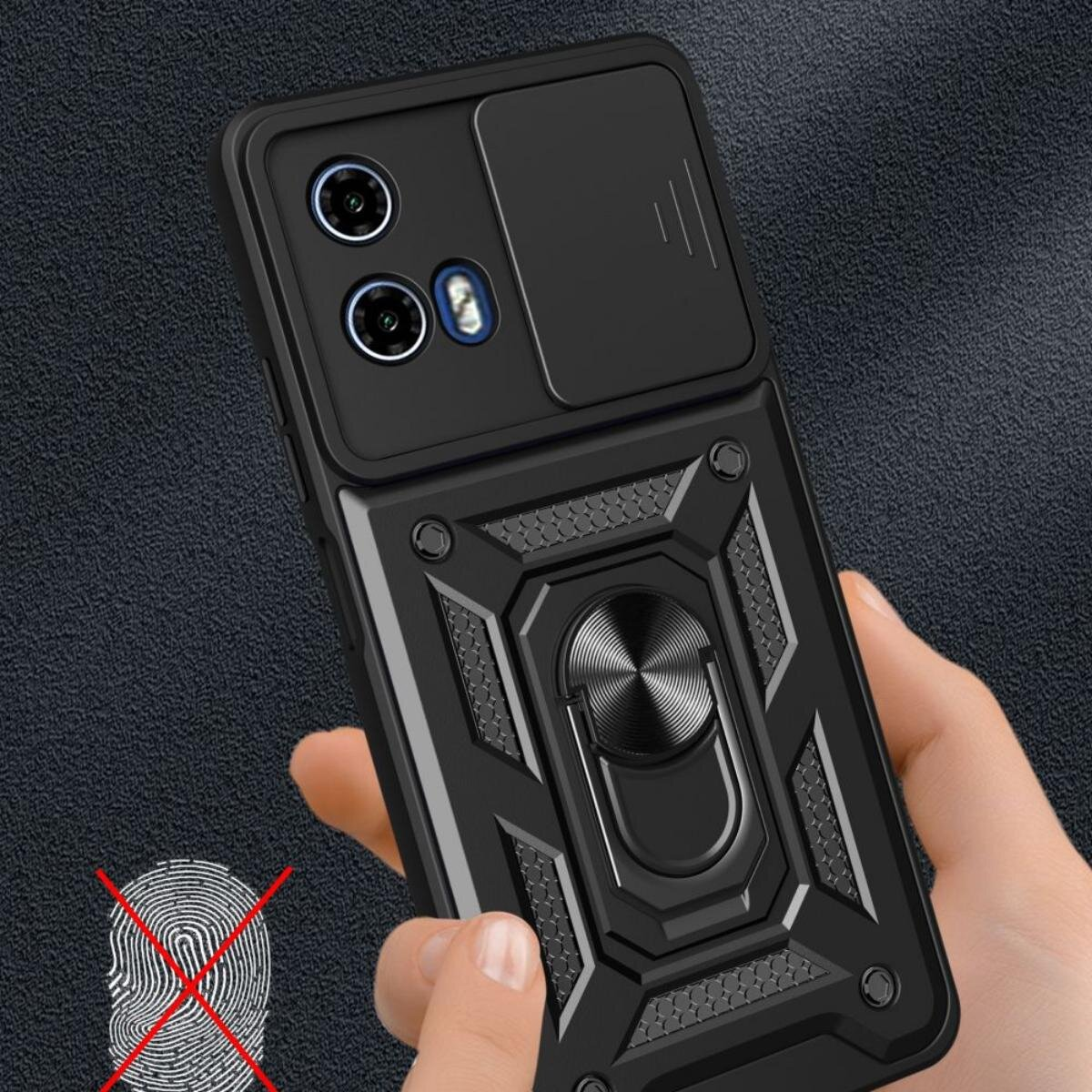 Eine schwarze Handyhülle mit Kameraschutz und Ringhalter. Die Hülle wird von einer Person gehalten. Fingerabdrucksymbol durchgestrichen.