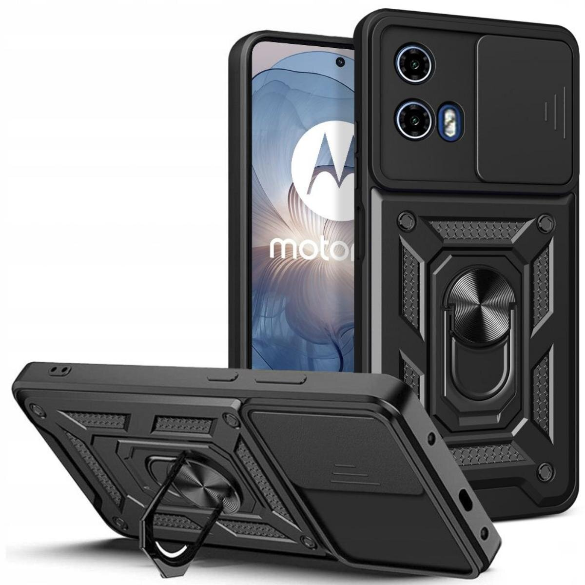 Schwarze Handyhülle mit Ständer und Kameraabdeckung. Ein Smartphone befindet sich in der Hülle.