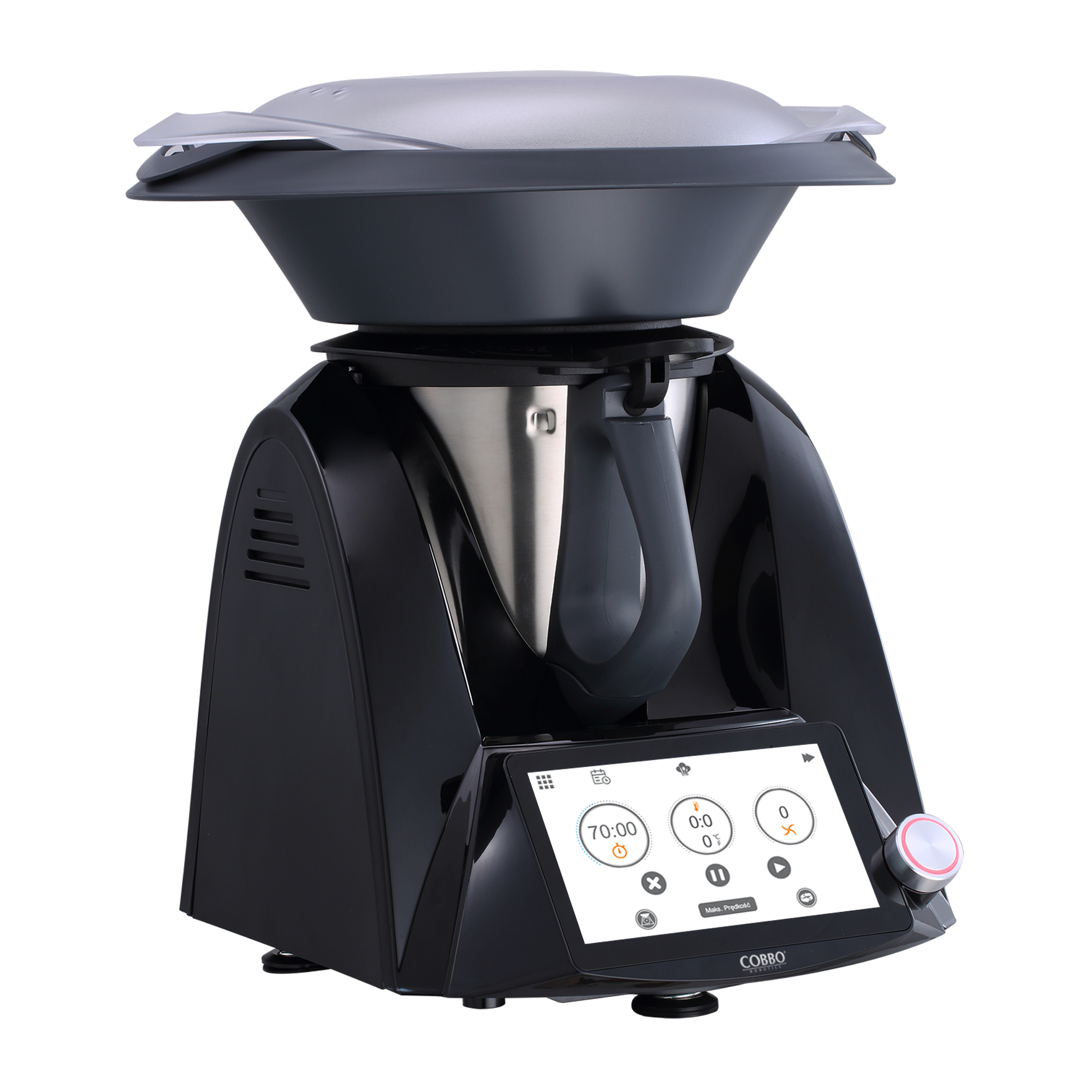 Czarny i srebrny sprzęt kuchenny z ekranem dotykowym i pokrętłem. Ma misę i pokrywę na górze.