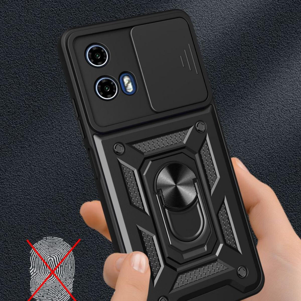 Schwarze Handyhülle, die von einer Hand gehalten wird. Sie hat Kameraschutz und einen Ringhalter. Ein Fingerabdruck-Symbol ist links unten durchgestrichen.