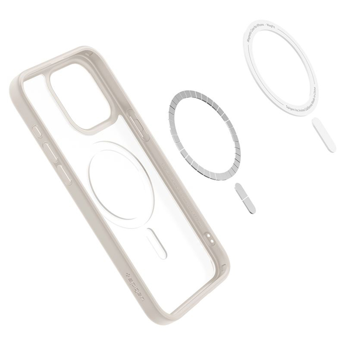 Een gedemonteerde telefoonhoes met een doorzichtig middenstuk en lichtbeige frame, samen met magnetische componenten.