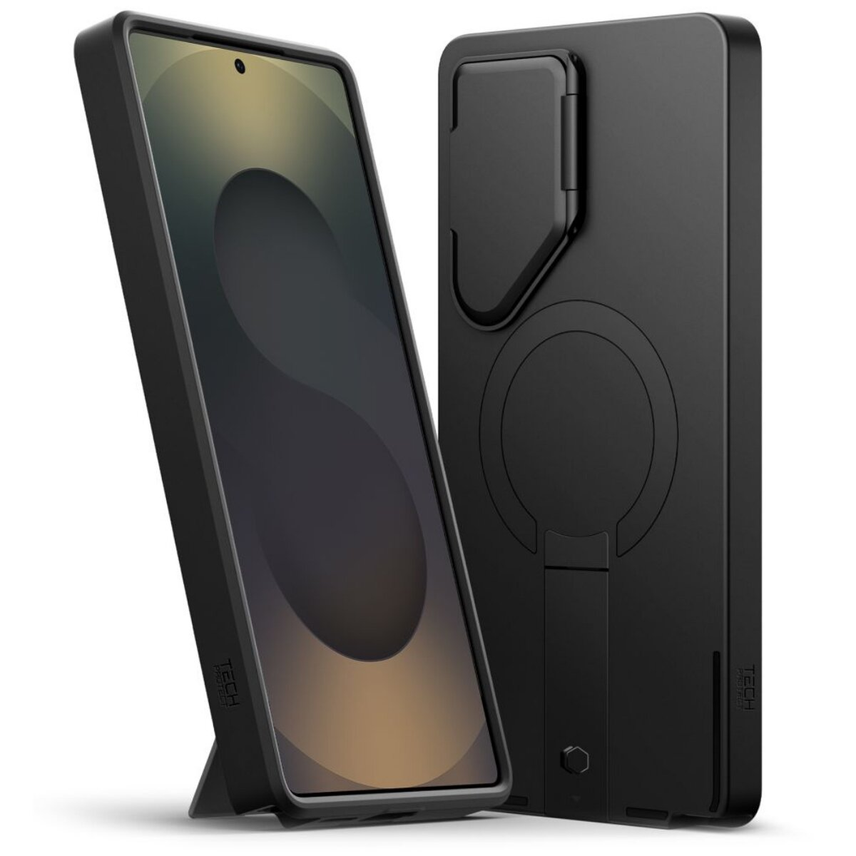 Schwarze Handyhülle mit Telefon. Das Telefon ist angewinkelt, der Bildschirm sichtbar. Die Rückseite hat einen Ständer.
