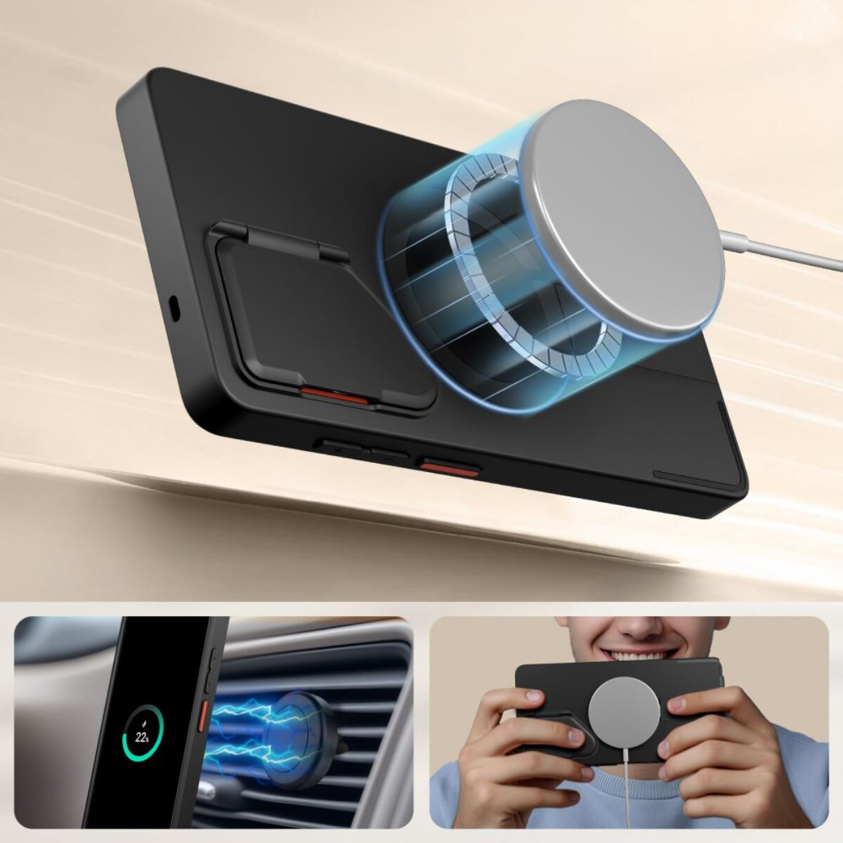 Eine Handyhülle mit einem magnetischen Ladegerät. Eine Person hält ein Telefon mit einem Ladegerät. Eine Autolüftung mit einem magnetischen Ladegerät.