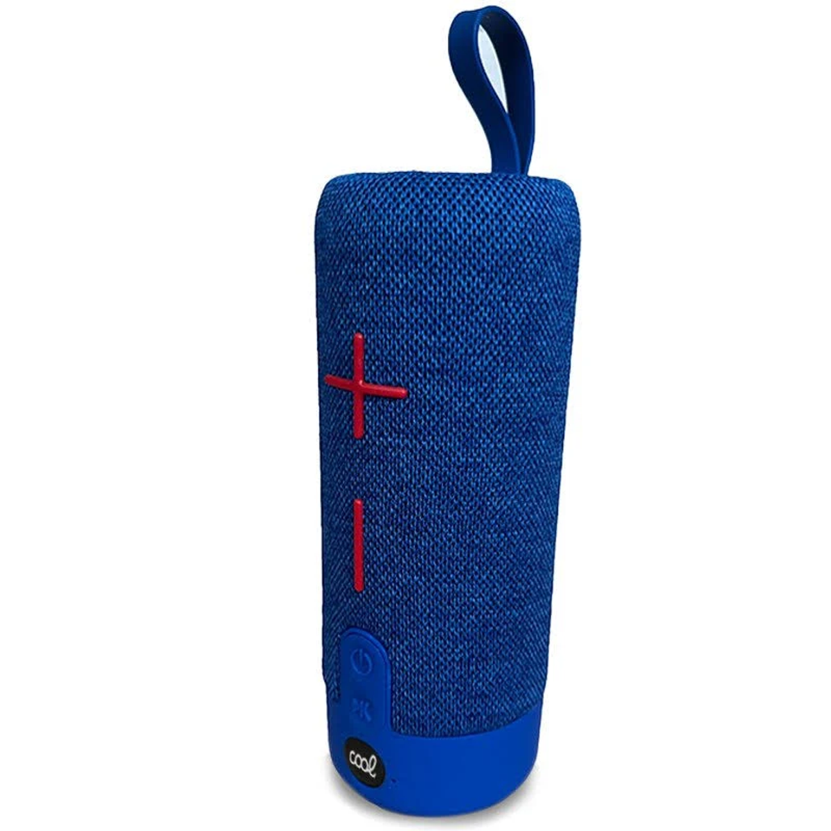 Niebieski głośnik cylindryczny z czerwonymi oznaczeniami. Ma niebieski uchwyt i słowo 'cool' na dole.