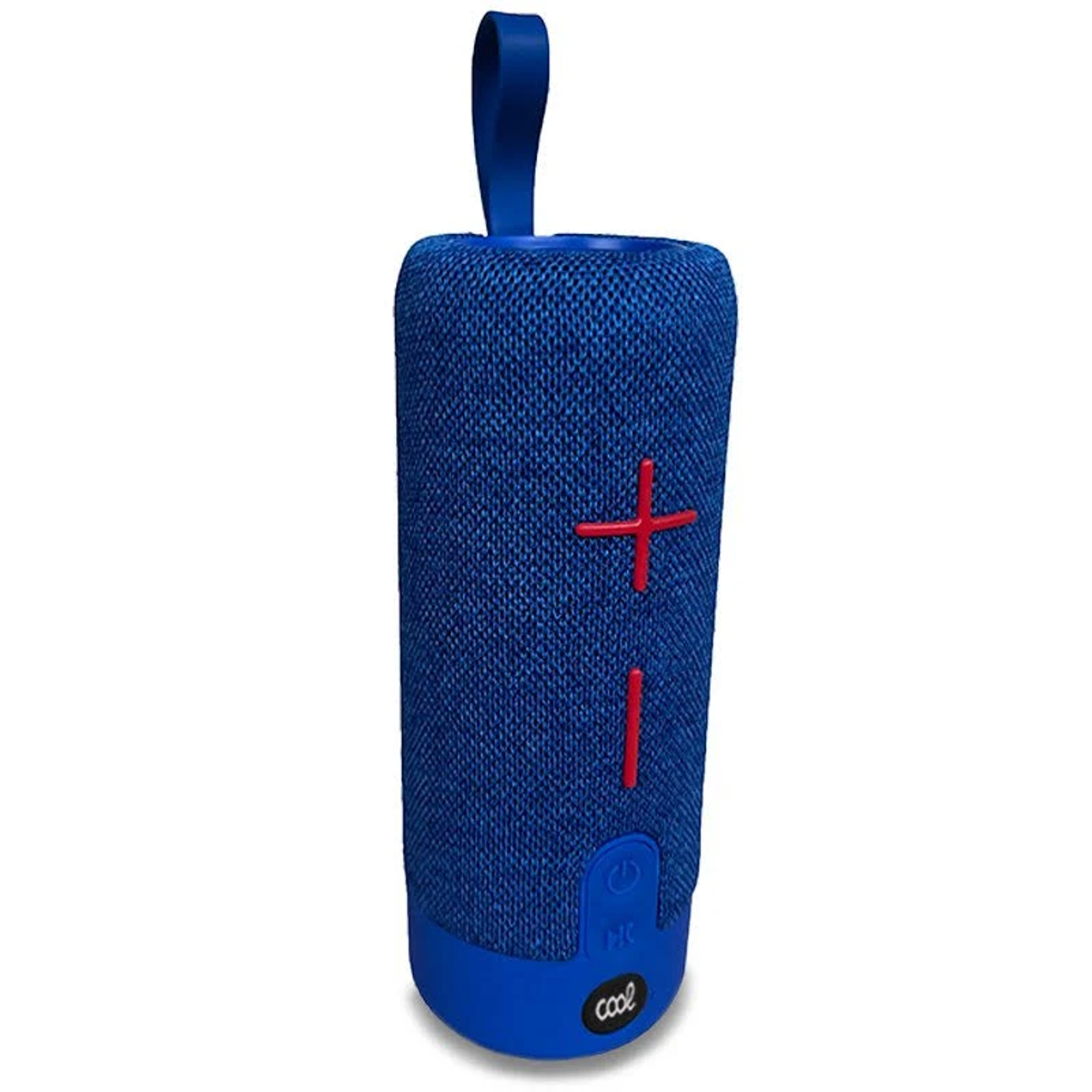 Niebieski, cylindryczny głośnik z czerwonym znakiem plus i linią. Ma uchwyt. Na dole napis 'cool'.