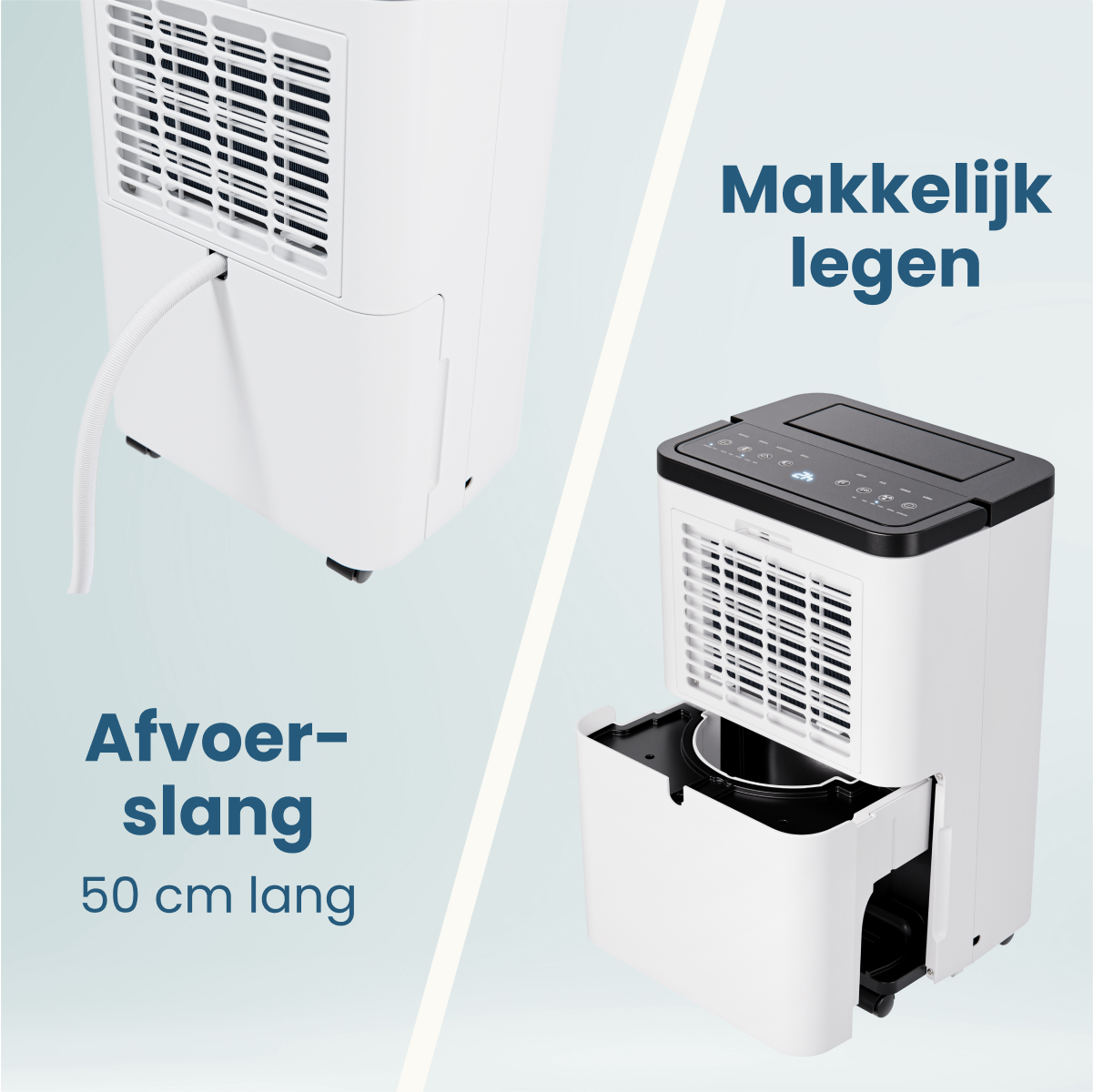 Twee witte ontvochtigers met zwarte bovenkant. Eén heeft een slang, de andere een uitneembare watertank. Tekst in het Nederlands.