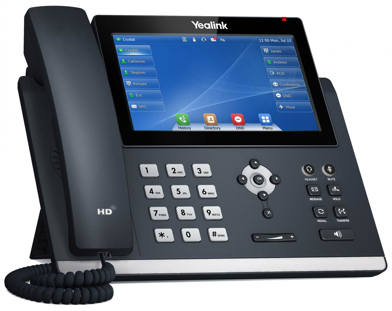 Un moderno teléfono IP Yealink. Tiene una gran pantalla táctil, botones numéricos y teclas de función. El teléfono es negro y gris.