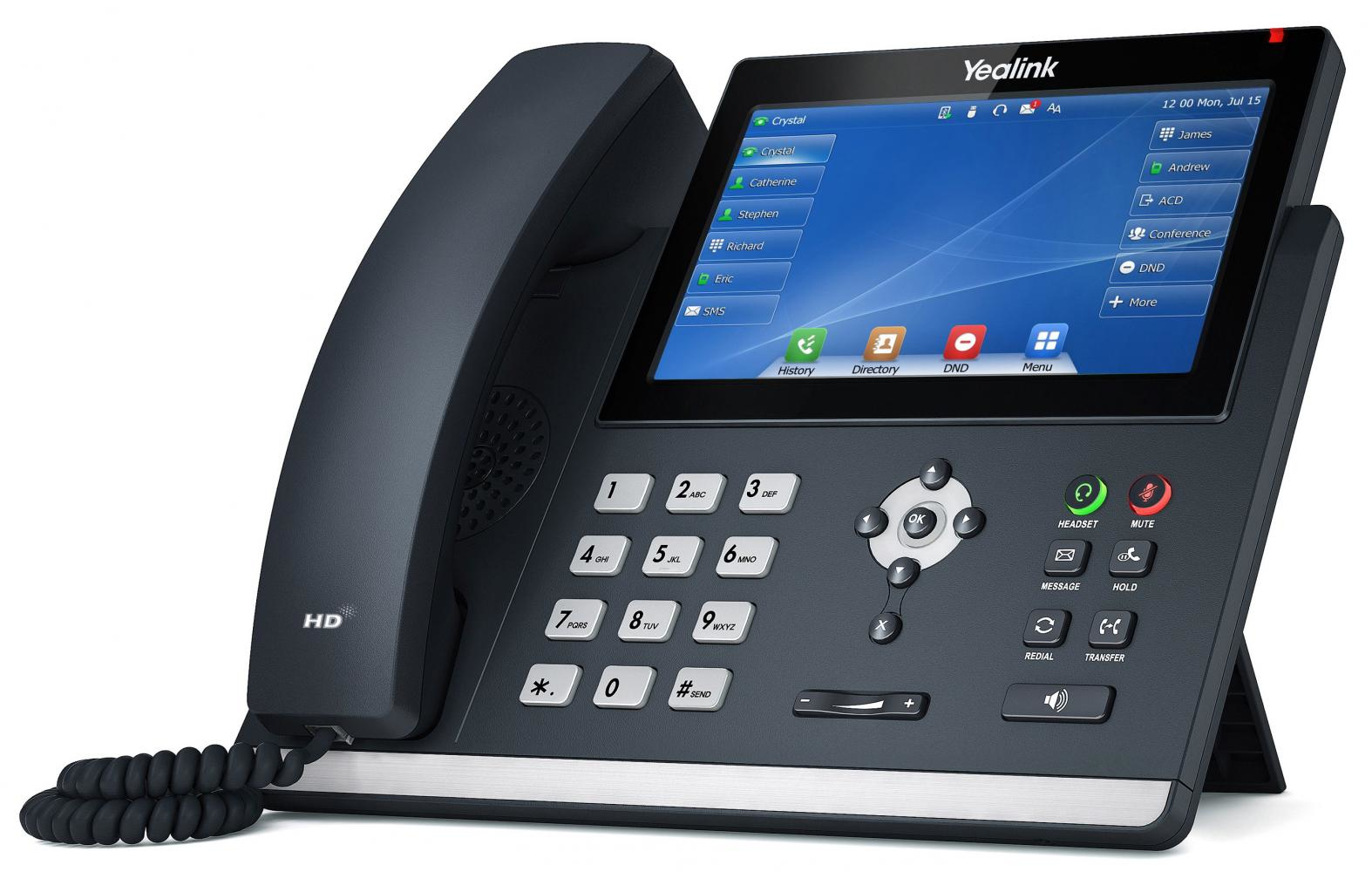 Un teléfono IP Yealink gris oscuro. Tiene una pantalla grande, teclado y auricular. Los botones incluyen auriculares, silencio y espera.