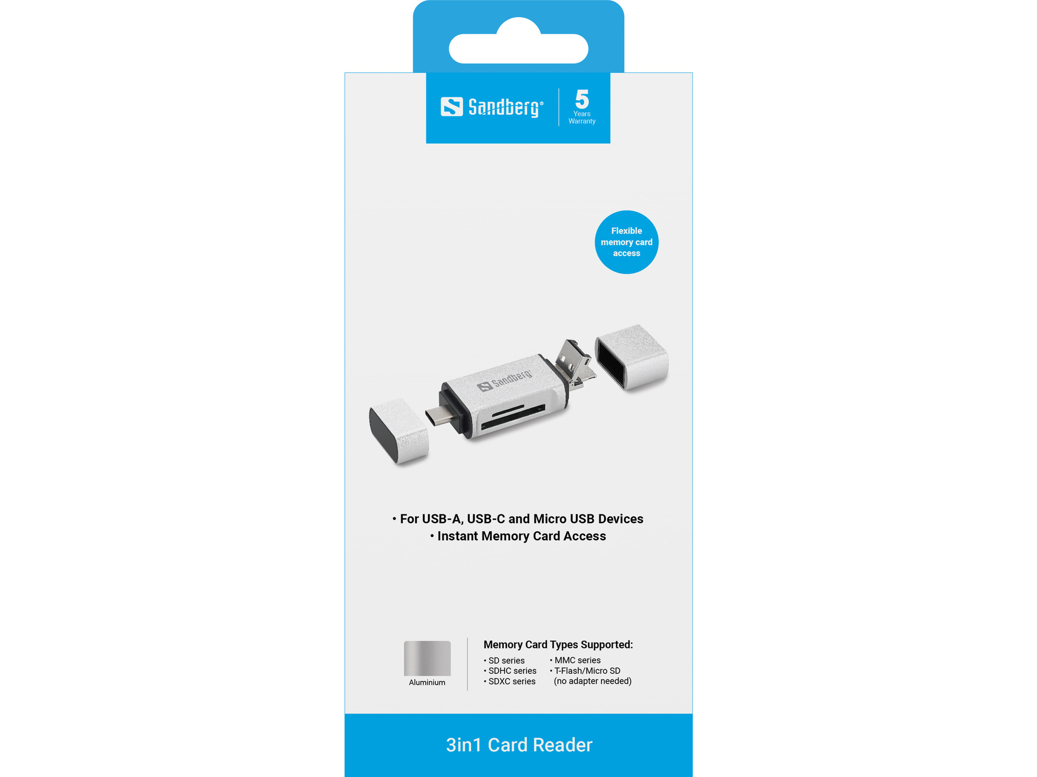 Czytnik kart 3 w 1 Sandberg na białym tle. Obsługuje USB-A, USB-C i Micro USB, natychmiastowy dostęp do kart pamięci.