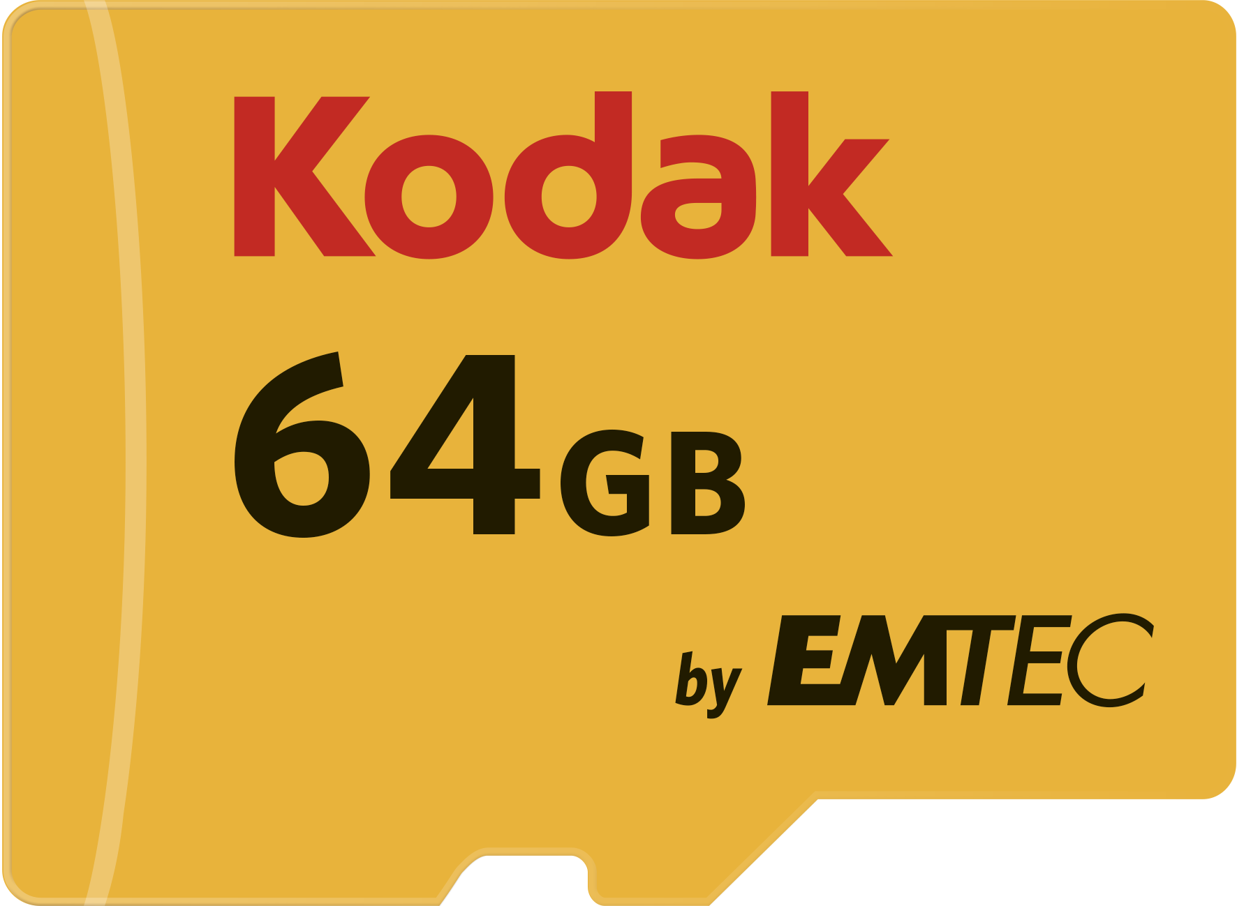 Eine gelbe Kodak 64GB SD-Karte von EMTEC. Das Kodak-Logo ist rot, 64GB schwarz und von EMTEC schwarz auf gelbem Hintergrund.