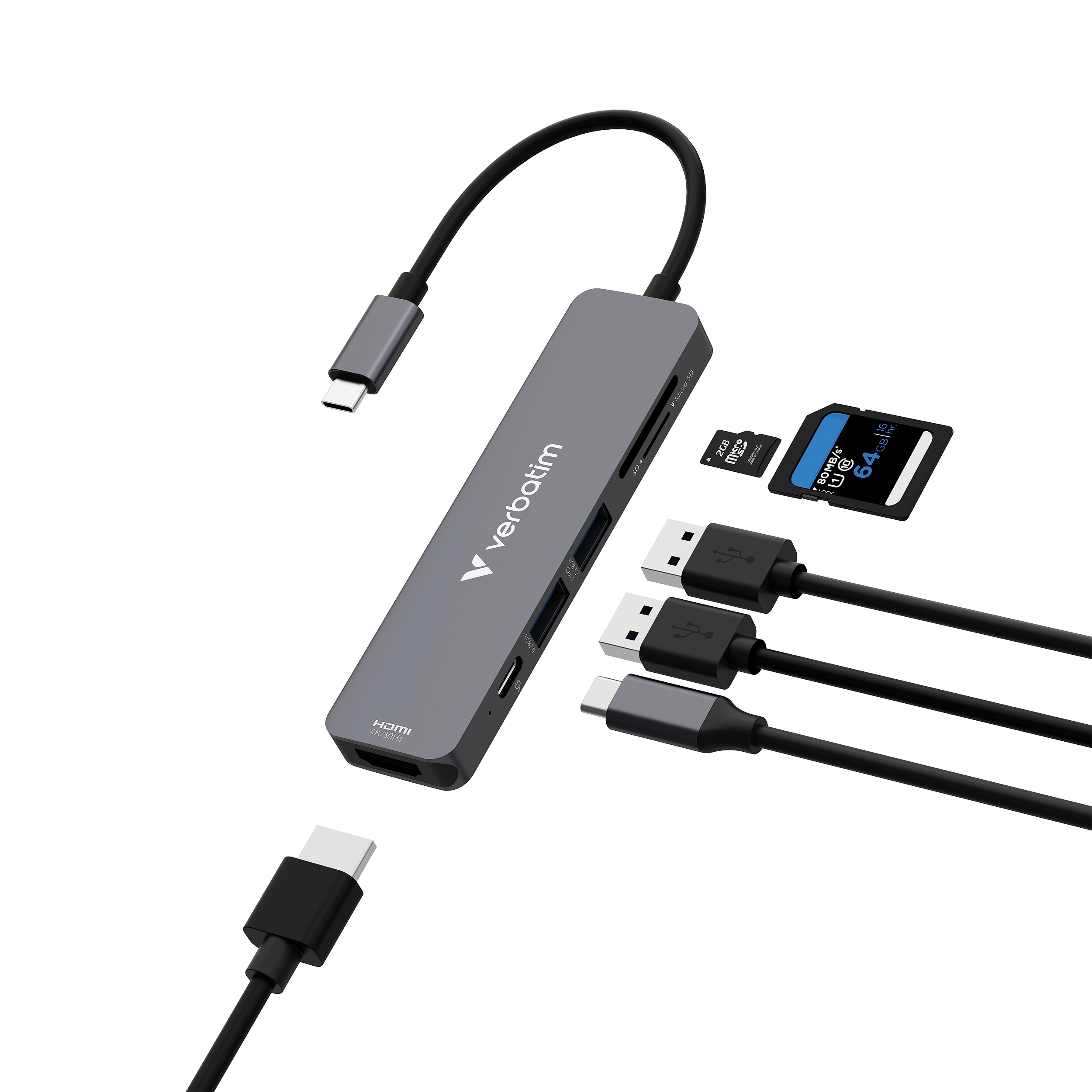Ein grauer Verbatim USB-Hub mit mehreren Anschlüssen, SD-Karte und USB-Kabeln. Zwei SD-Karten und ein USB-C-Kabel sind ebenfalls vorhanden.