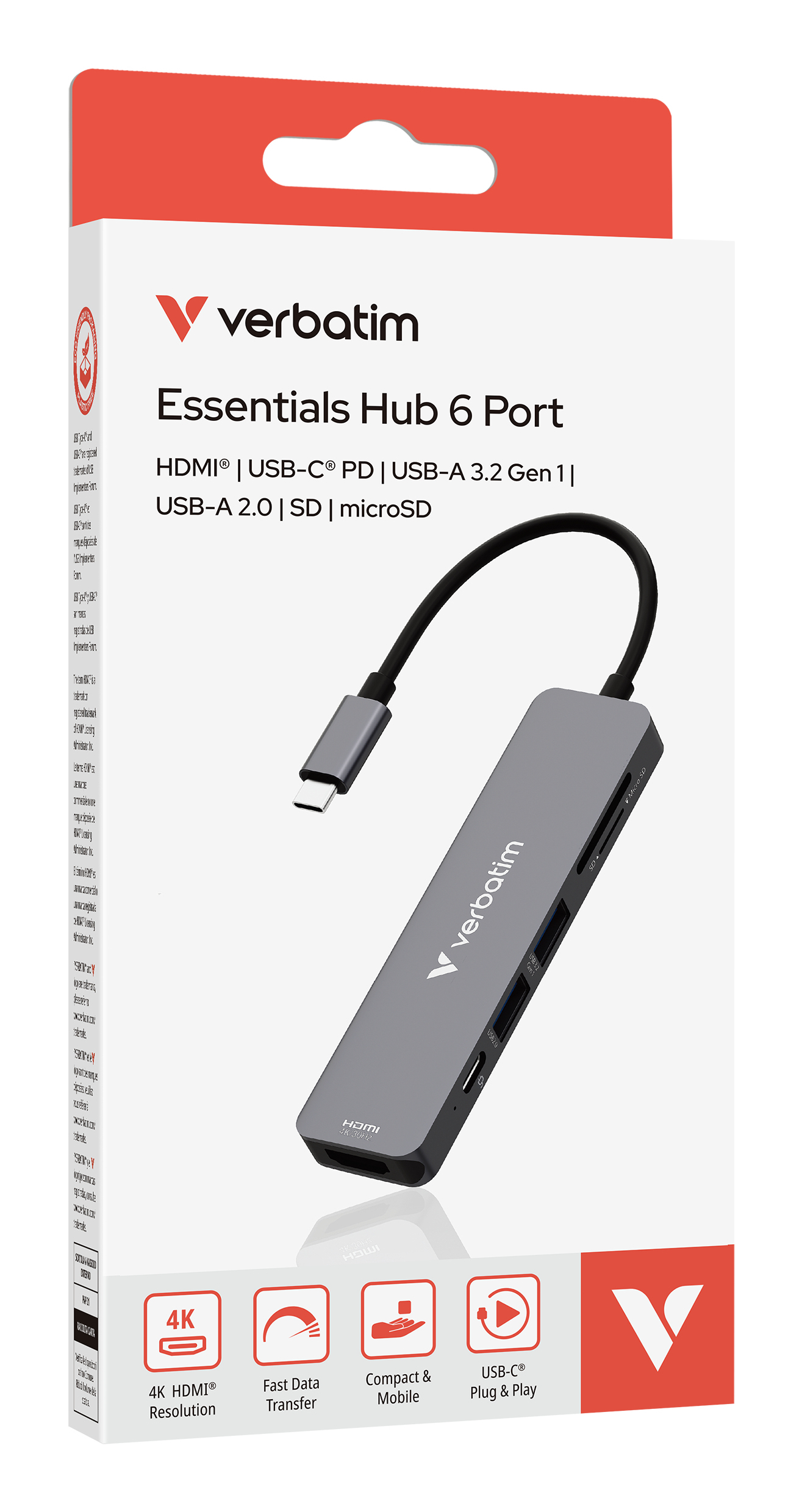 Eine Verbatim Essentials Hub 6 Port Box. Es zeigt den Hub mit seinem USB-C-Kabel. Zu den Funktionen gehören HDMI, USB und SD-Kartensteckplätze.