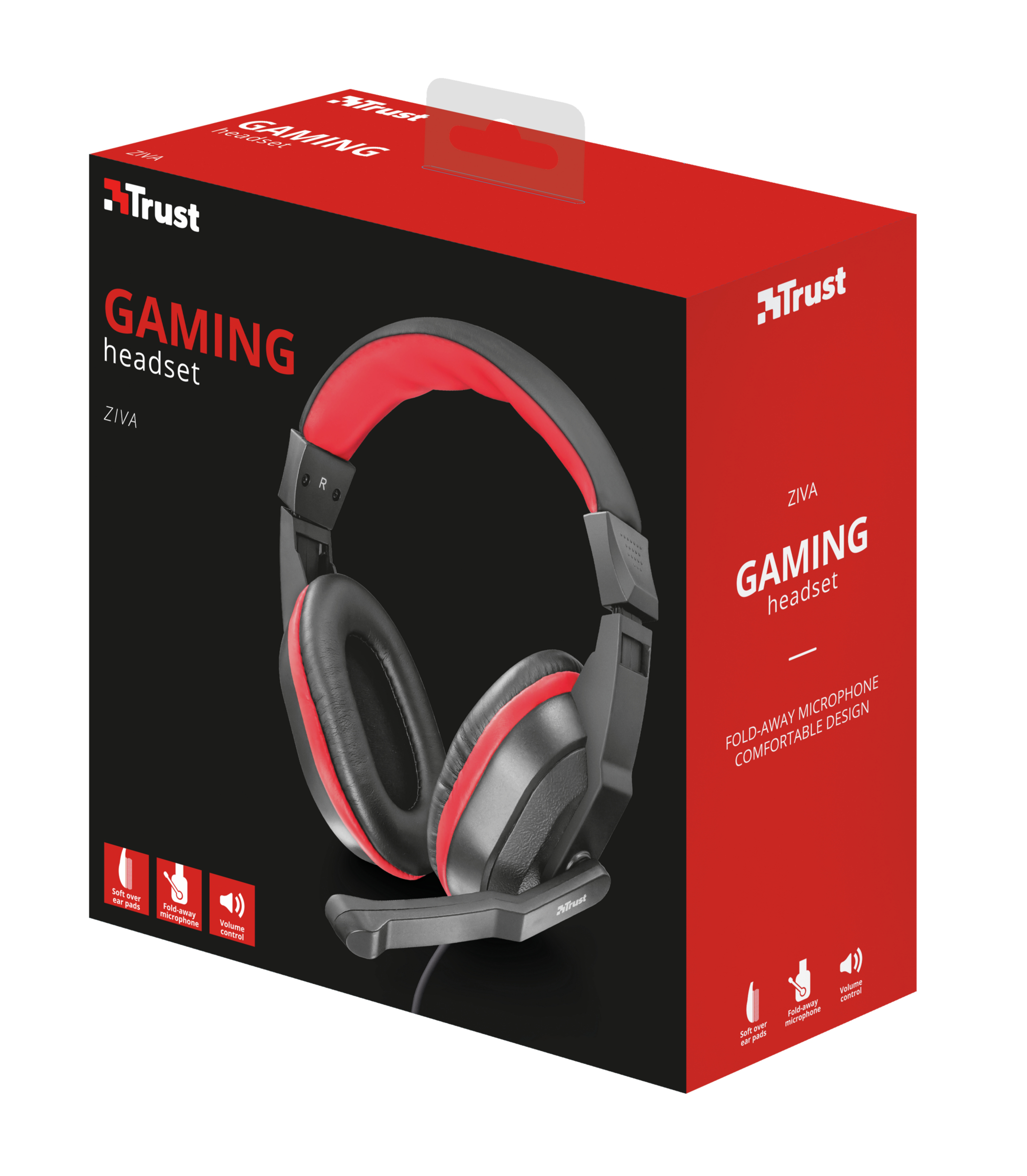 Una scatola di cuffie da gioco, nera e rossa. L'auricolare è nero e rosso con un microfono.