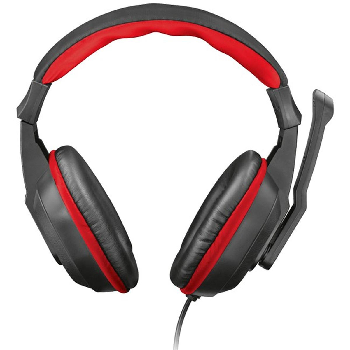 Cuffie nere e rosse. L'archetto è nero e rosso. Padiglioni auricolari e microfono sono visibili. Lo sfondo è bianco.