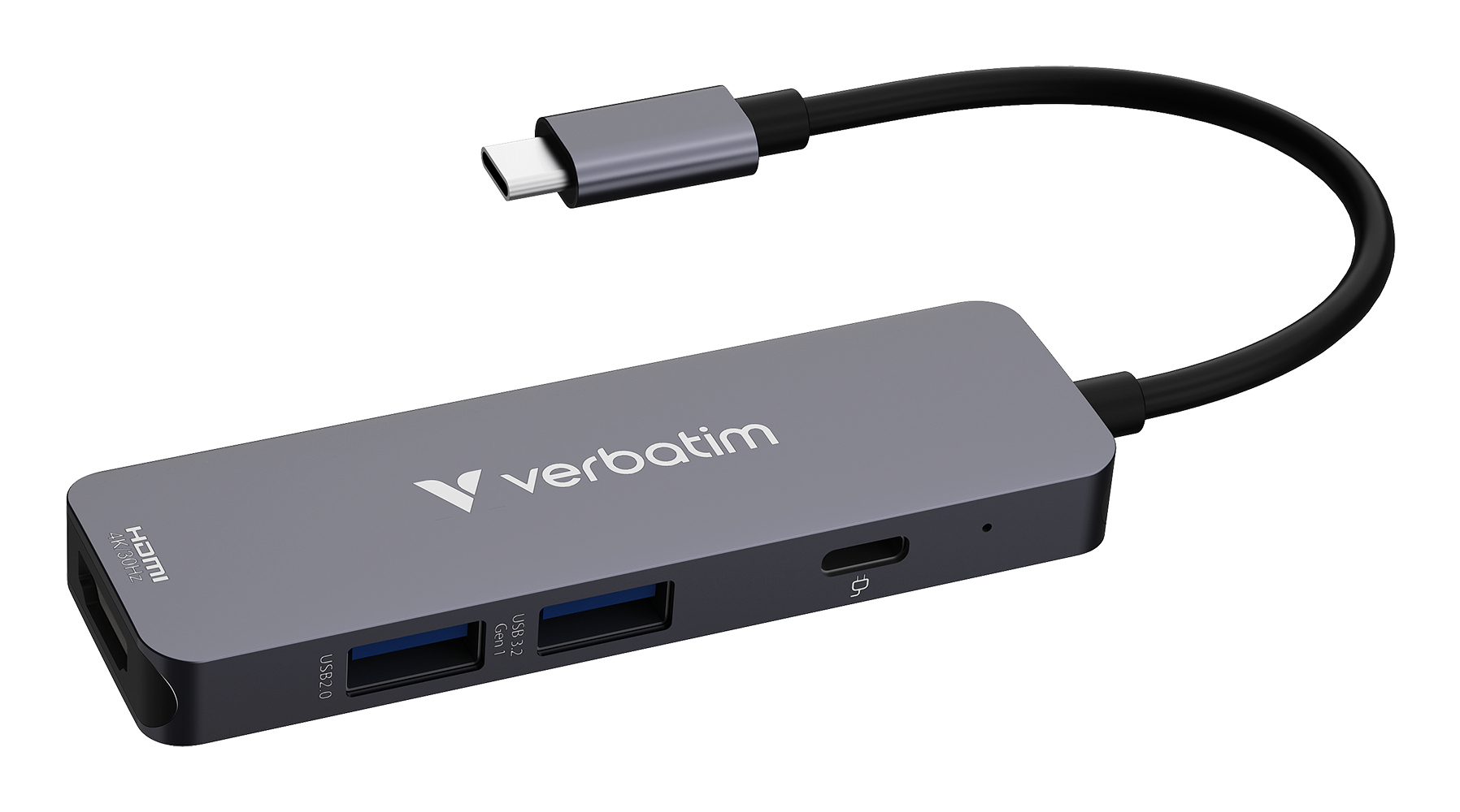 Ein grauer Verbatim USB-C-Hub mit HDMI-, USB-Anschlüssen und einem USB-C-Anschluss. Er hat ein schwarzes Kabel. Weißer Hintergrund.