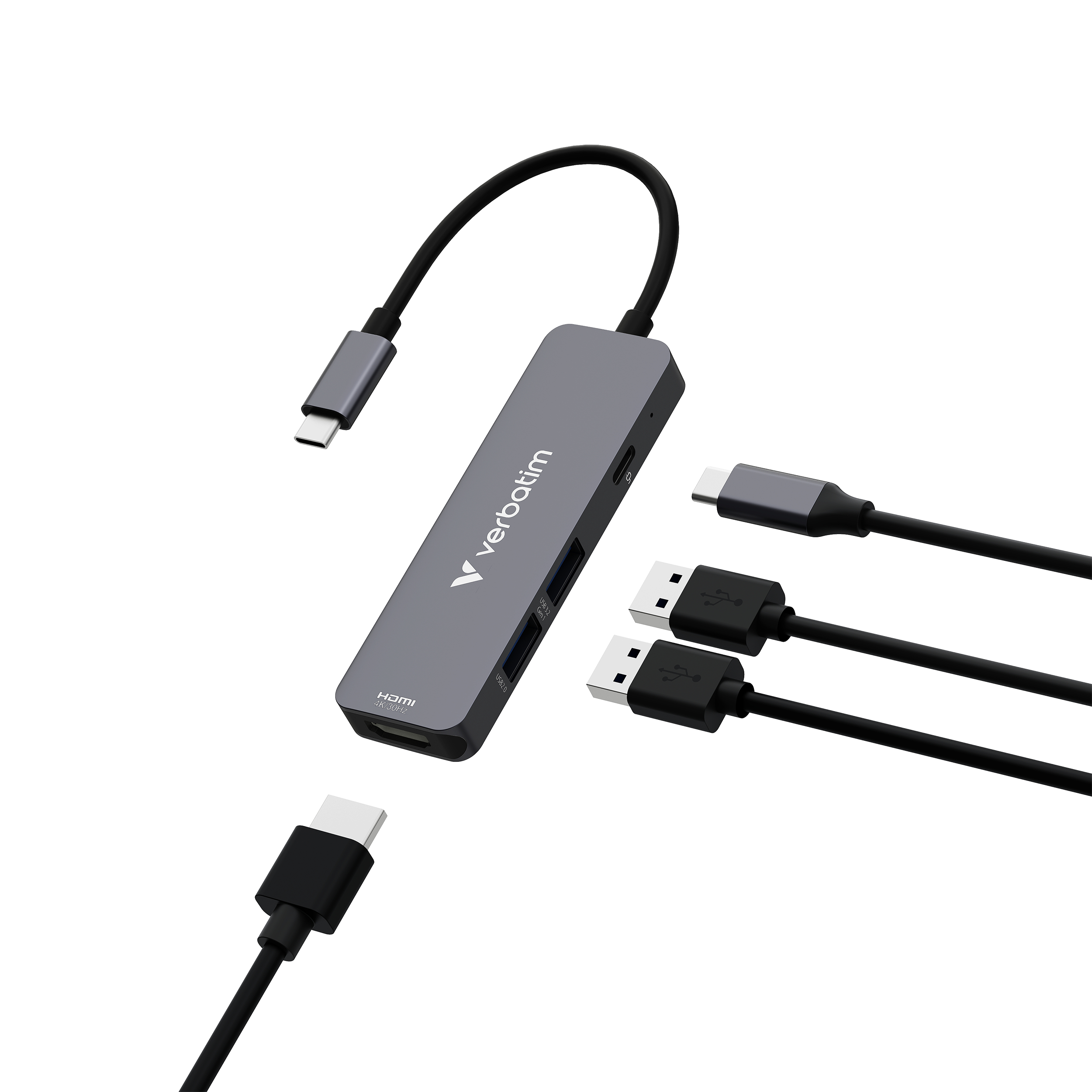 Ein grauer Verbatim USB-Hub mit mehreren angeschlossenen Kabeln, darunter USB-C- und USB-A-Anschlüsse, auf weißem Hintergrund.