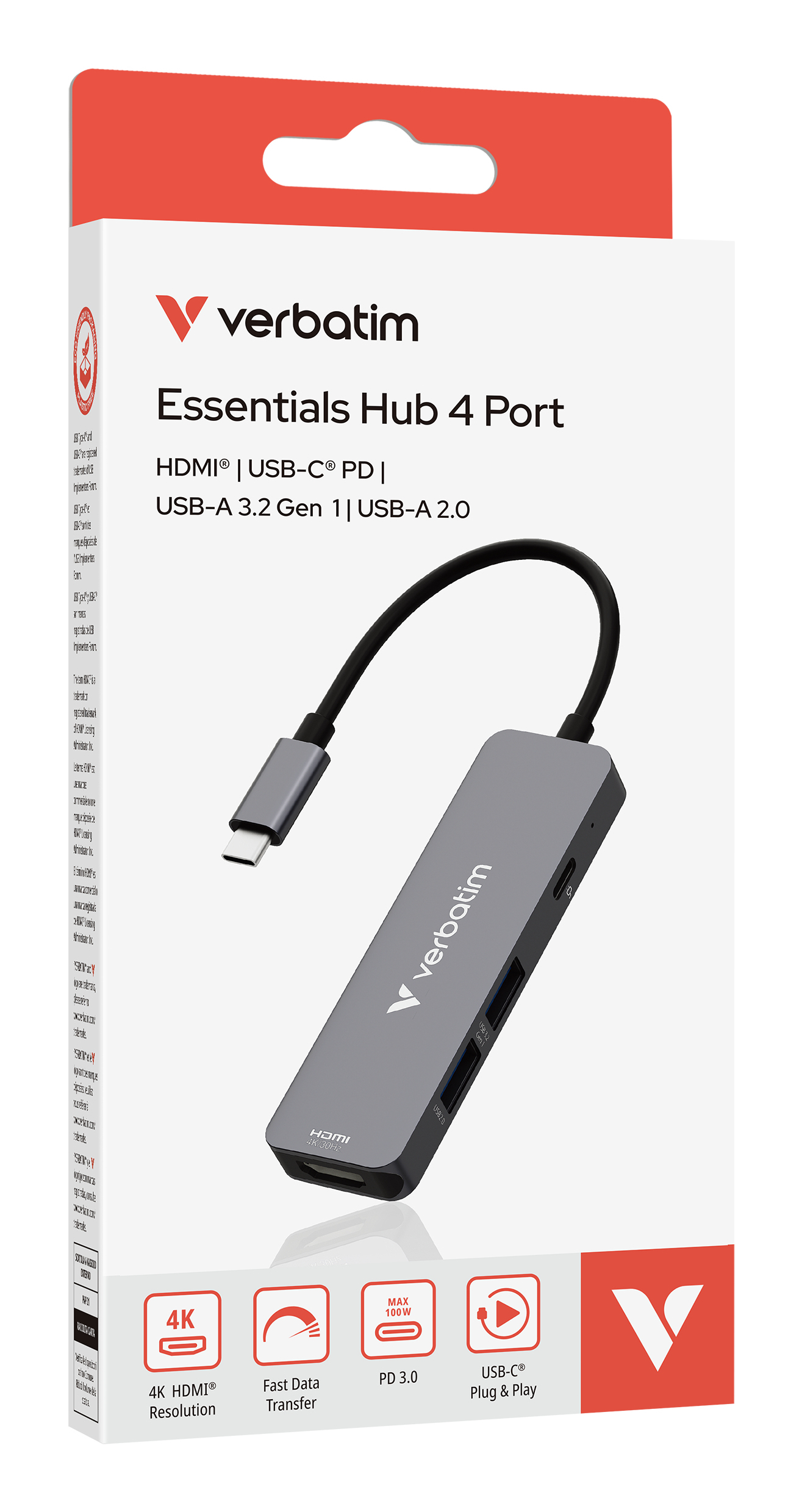 Ein Verbatim Essentials Hub 4 Port. Die Box zeigt den Hub mit einem USB-C-Kabel und Symbolen für Funktionen wie 4K-Auflösung.