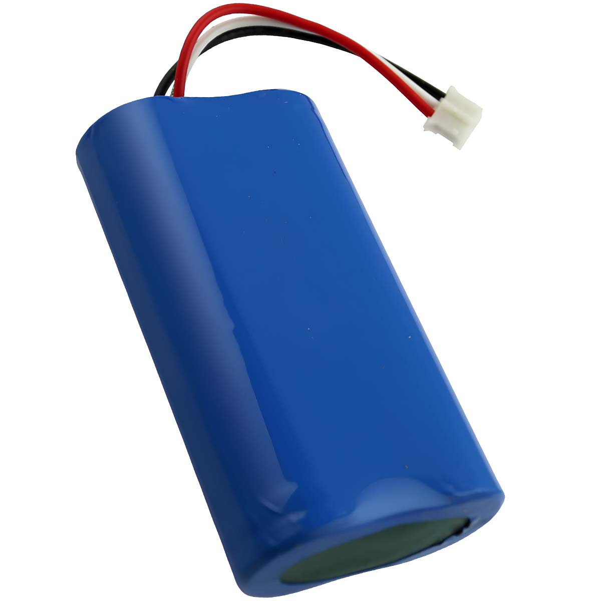 Una batteria cilindrica blu con fili rossi, neri e bianchi collegati a un connettore bianco. Lo sfondo è bianco.