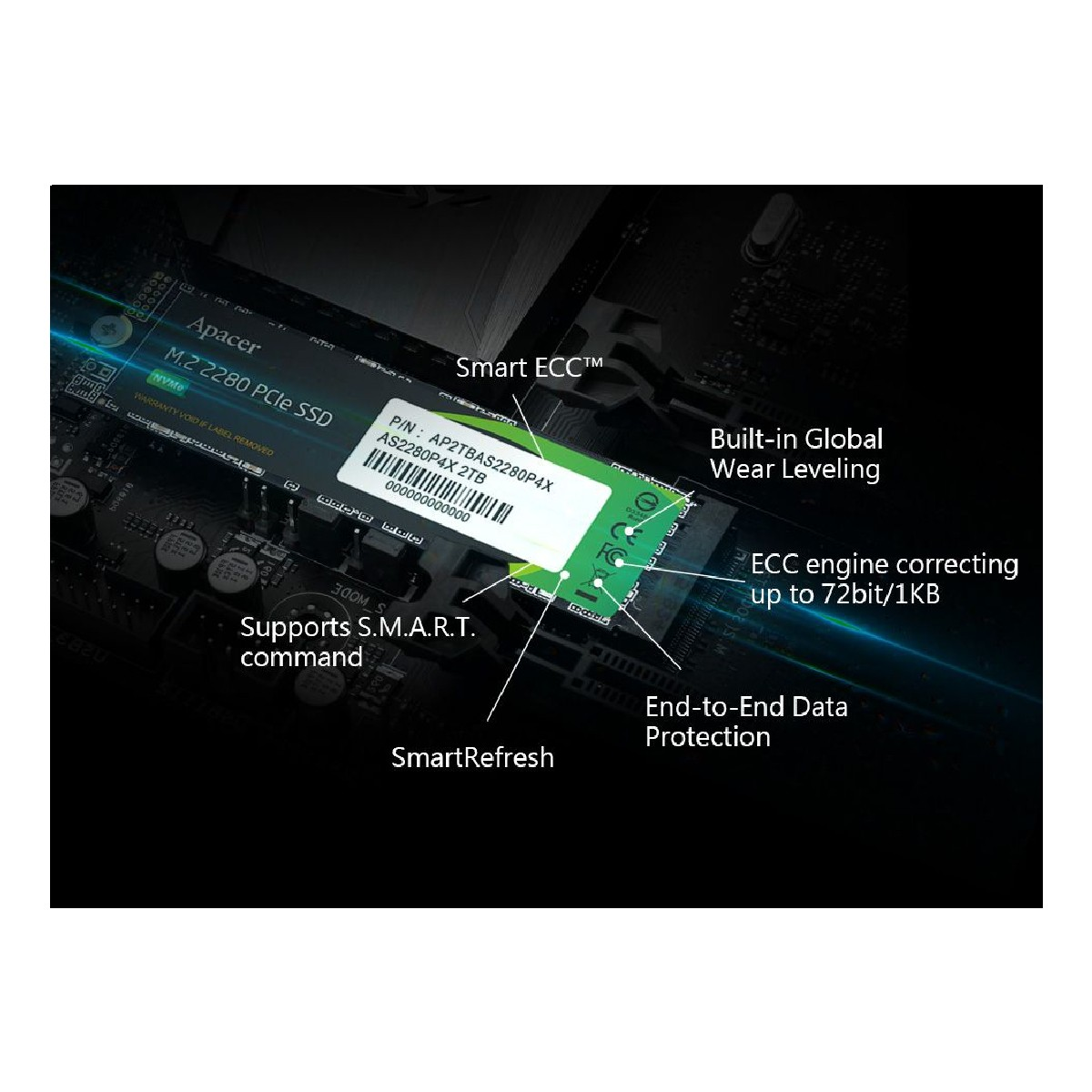 Primer plano de un componente de ordenador verde y negro, etiquetado como 'Apacer M.2 2280 PCIe SSD', con detalles técnicos.
