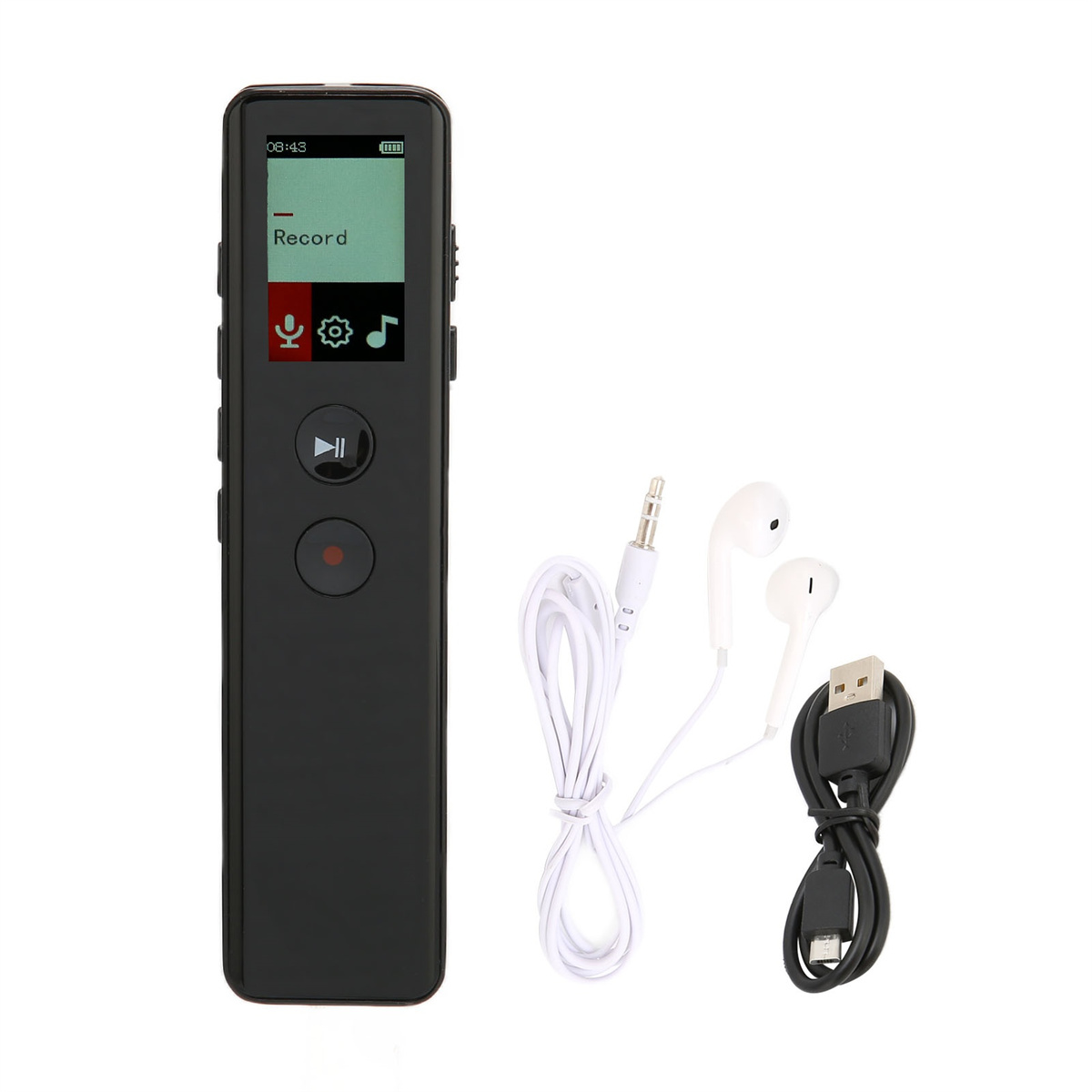 Schwarzes Audiorekorder mit weißen Kopfhörern, Kabel und USB-Kabel. Der Bildschirm zeigt 'Record'. Zubehör rechts.