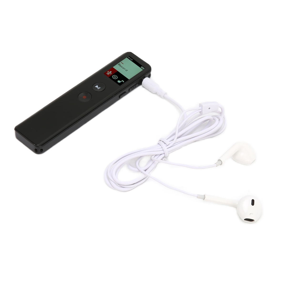 Schwarzes Audiorekorder mit weißen Kopfhörern und Kabel. Der Bildschirm zeigt 'Record'. Der Hintergrund ist weiß.