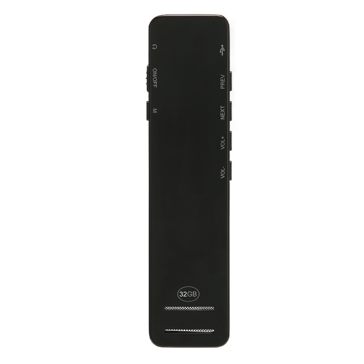 Ein schwarzer rechteckiger Audioplayer mit Tasten wie Ein/Aus, Lautstärke und Vor/Zurück. Er hat auch ein 32-GB-Etikett.