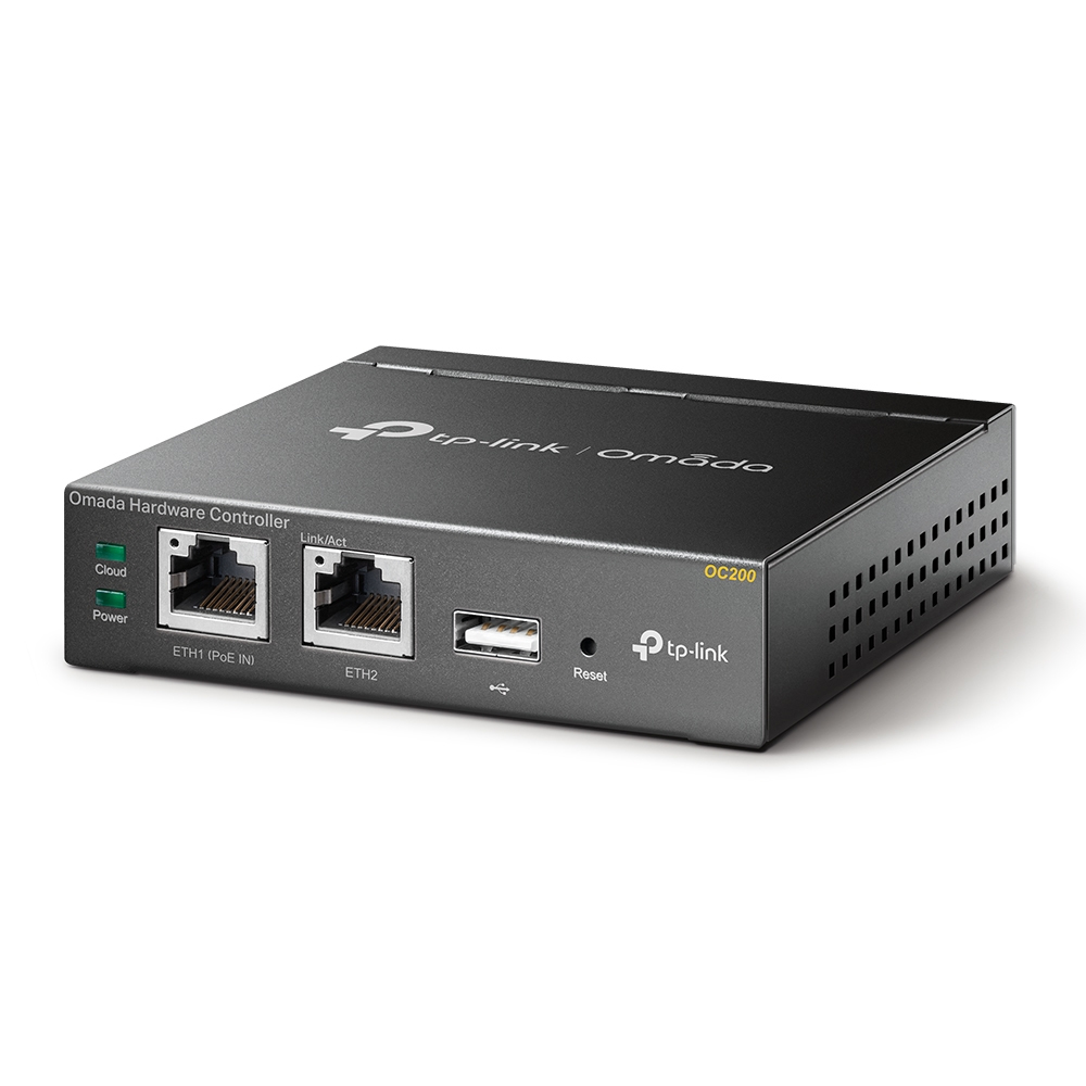 Gri bir TP-Link Omada Donanım Denetleyicisi OC200. Bağlantı noktaları, bir USB yuvası ve durum ışıkları vardır.