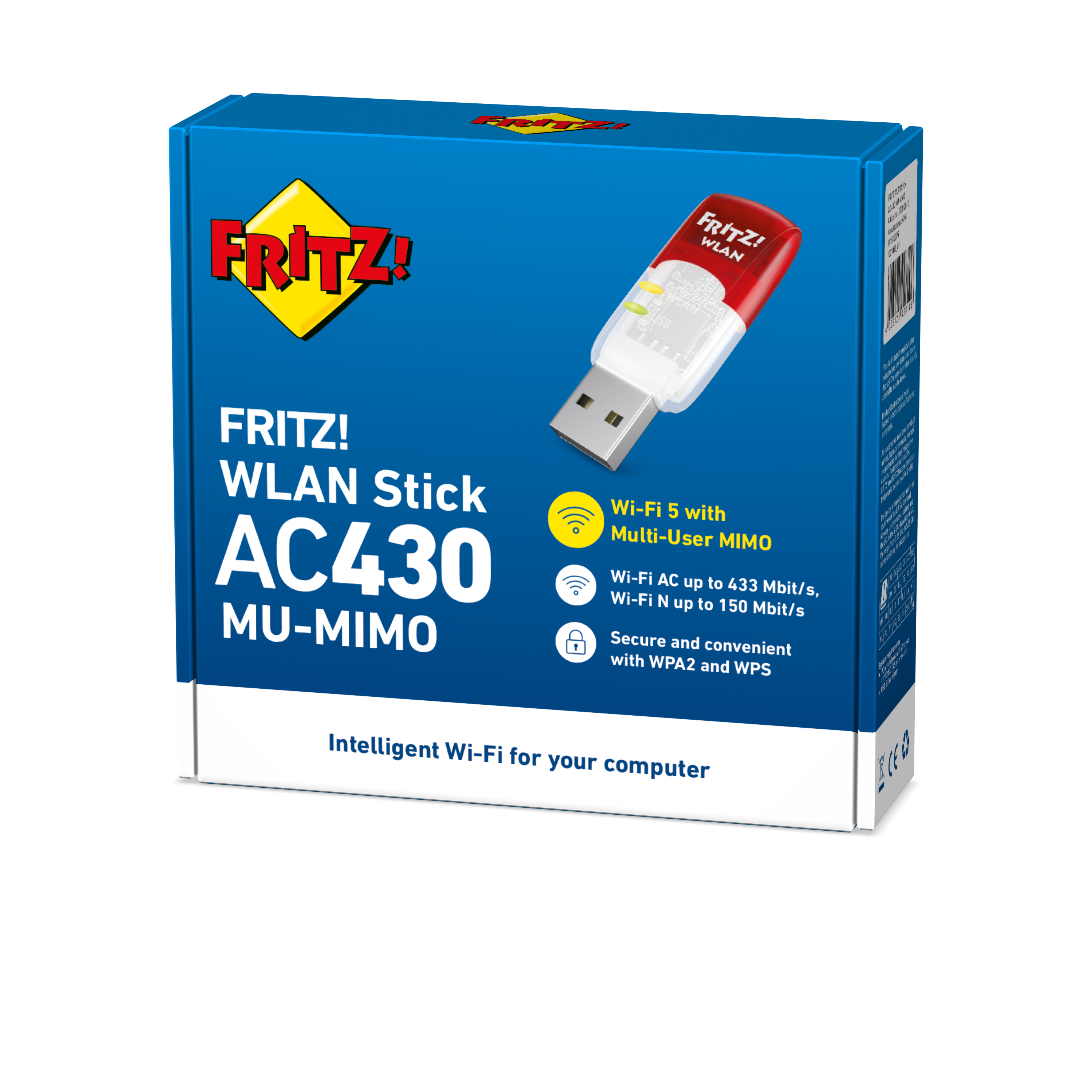 Een doos met een rood-witte wifi-stick. Tekst: FRITZ! WLAN Stick AC430, Wi-Fi 5 en Intelligent Wi-Fi.