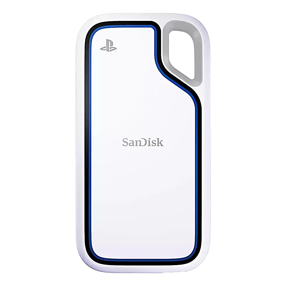 Biały zewnętrzny dysk twardy PlayStation SanDisk z niebieskimi i czarnymi akcentami i uchwytem na białym tle.