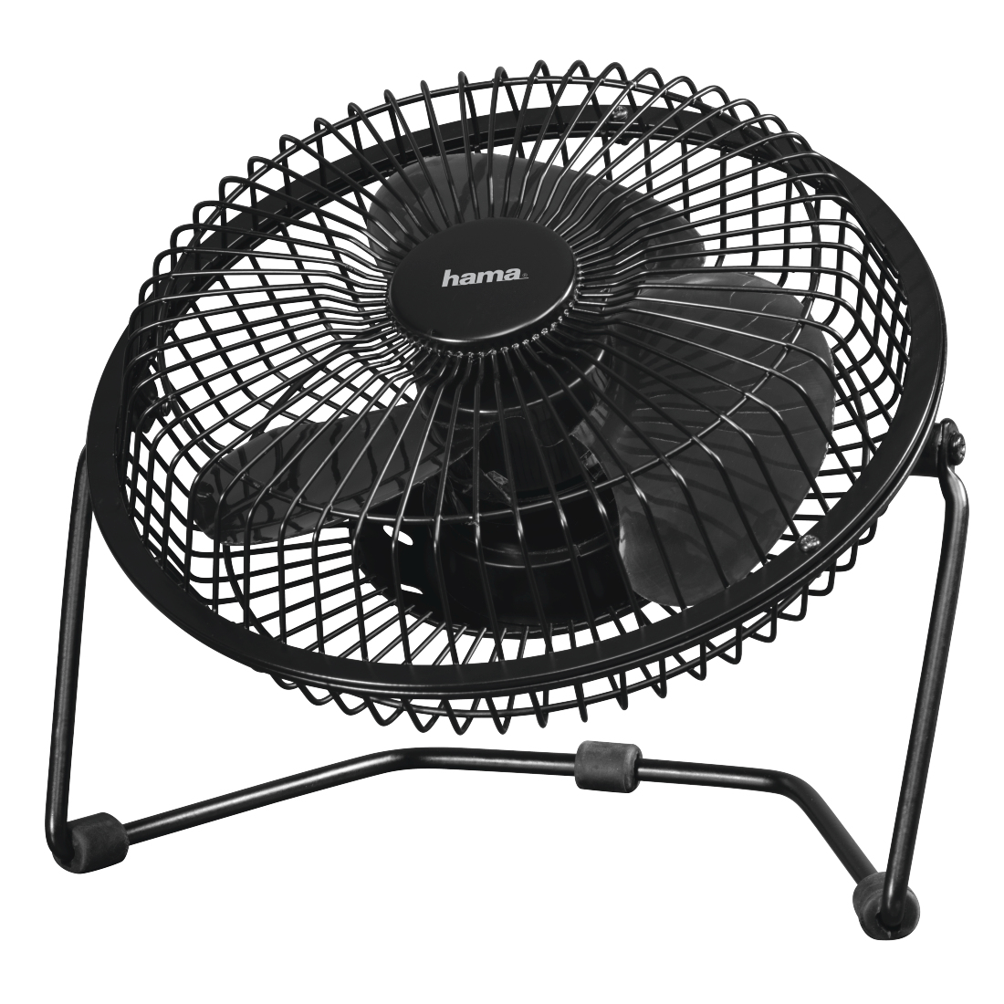 Czarny wentylator biurkowy z klatką ochronną. Ma trzy łopaty i podstawę. Marka 'hama' jest na środku.