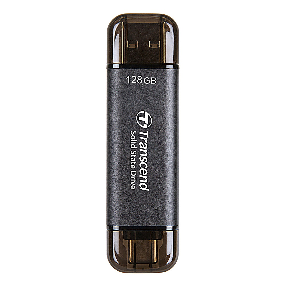 Ciemnoszary pendrive Transcend 128 GB, z przezroczystą nasadką na obu końcach. Widoczna nazwa marki i pojemność.