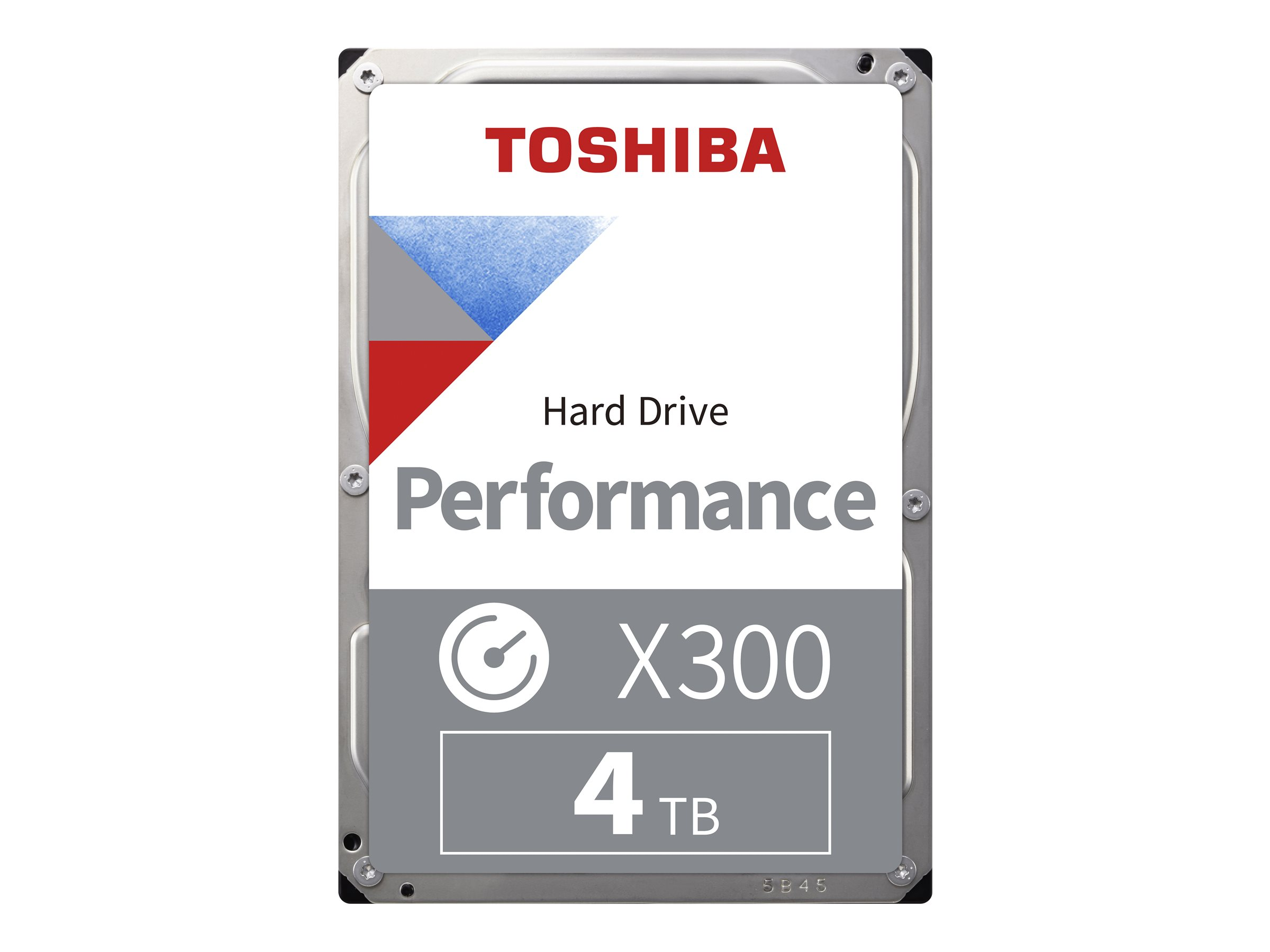 Disco rigido Toshiba X300 4TB. Ha un'etichetta bianca con testo e grafica su un involucro di metallo grigio.