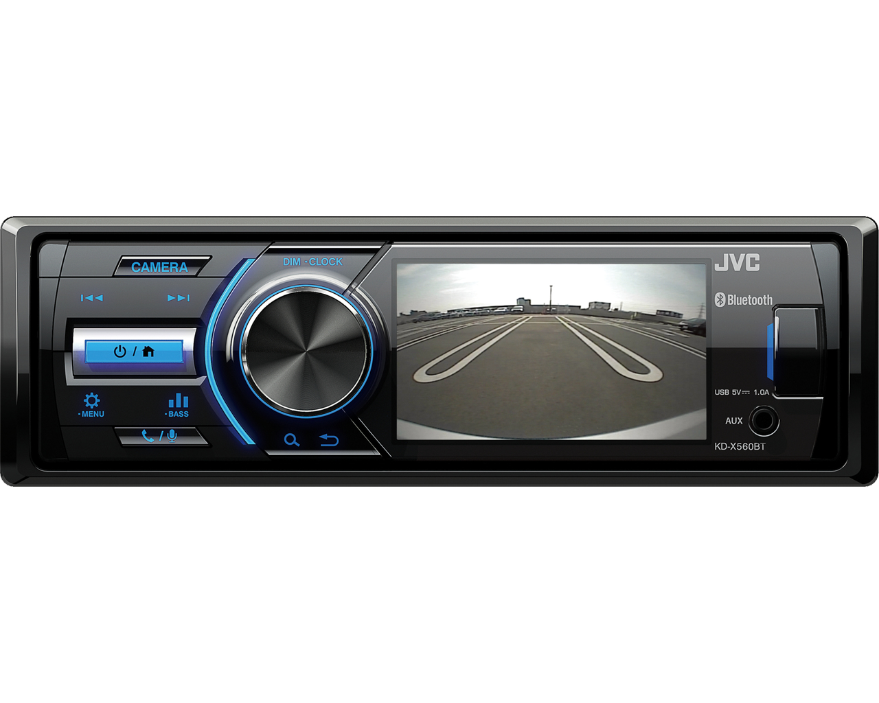 Autorradio con pantalla que muestra una vista de estacionamiento. Incluye botones y un dial. La marca es JVC.