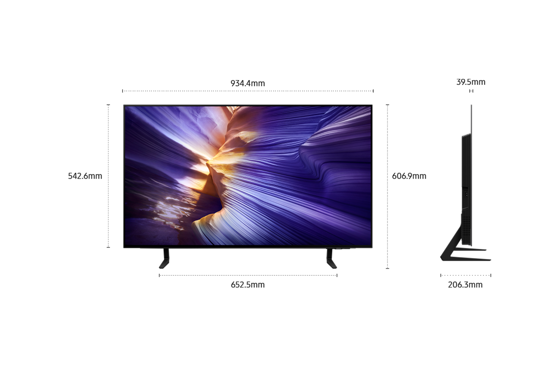 Ekran telewizora z wymiarami i widok z boku pokazujący grubość. Ekran wyświetla abstrakcyjny obraz w kolorze fioletowym i żółtym.