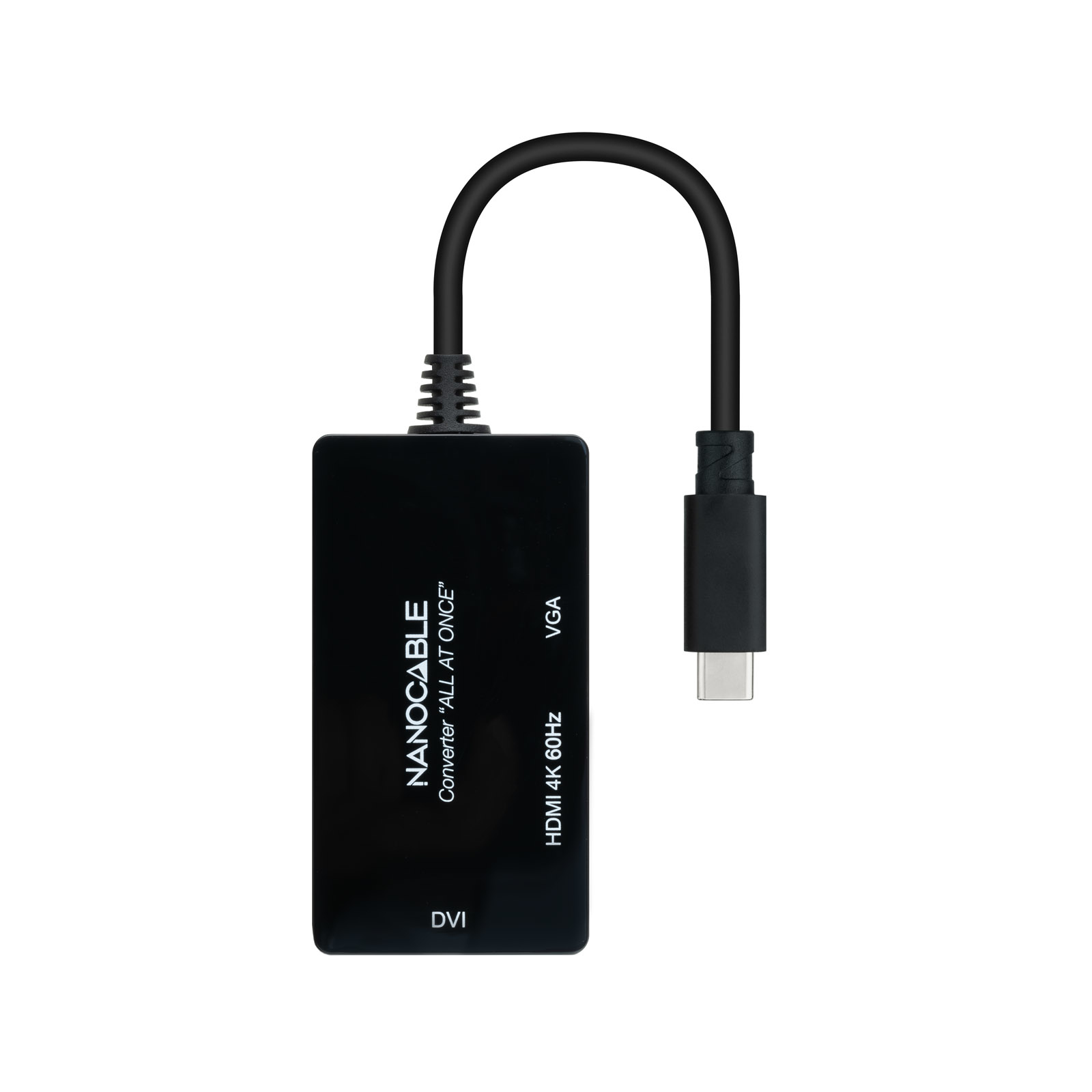 Schwarzer Nanocable-Konverter mit HDMI-, VGA- und DVI-Anschlüssen. Ein schwarzes Kabel mit USB-C-Anschluss ist verbunden.