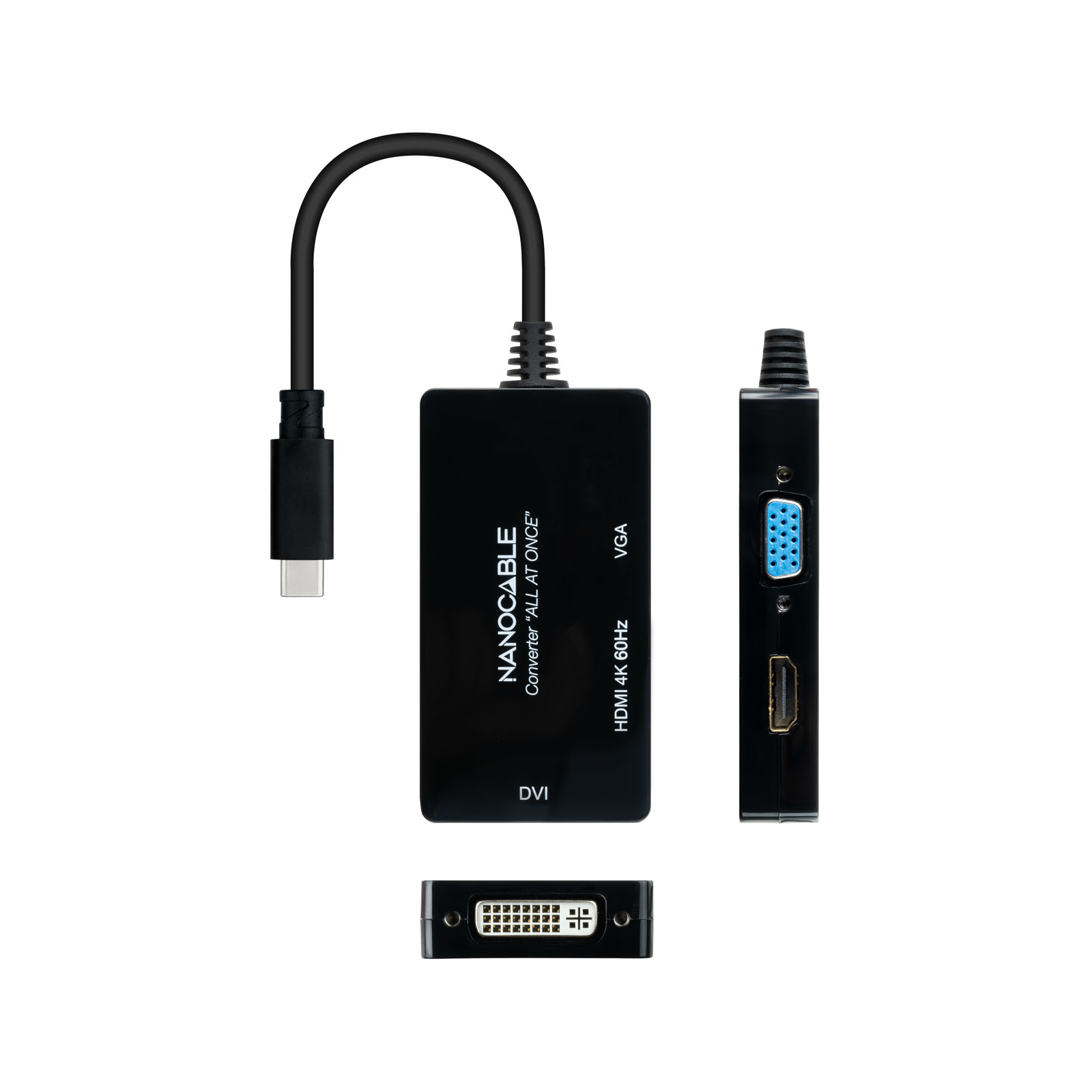 Ein schwarzer Nanocable-Konverter mit mehreren Anschlüssen. Enthält DVI, VGA und HDMI. Ein USB-C-Kabel ist angeschlossen.
