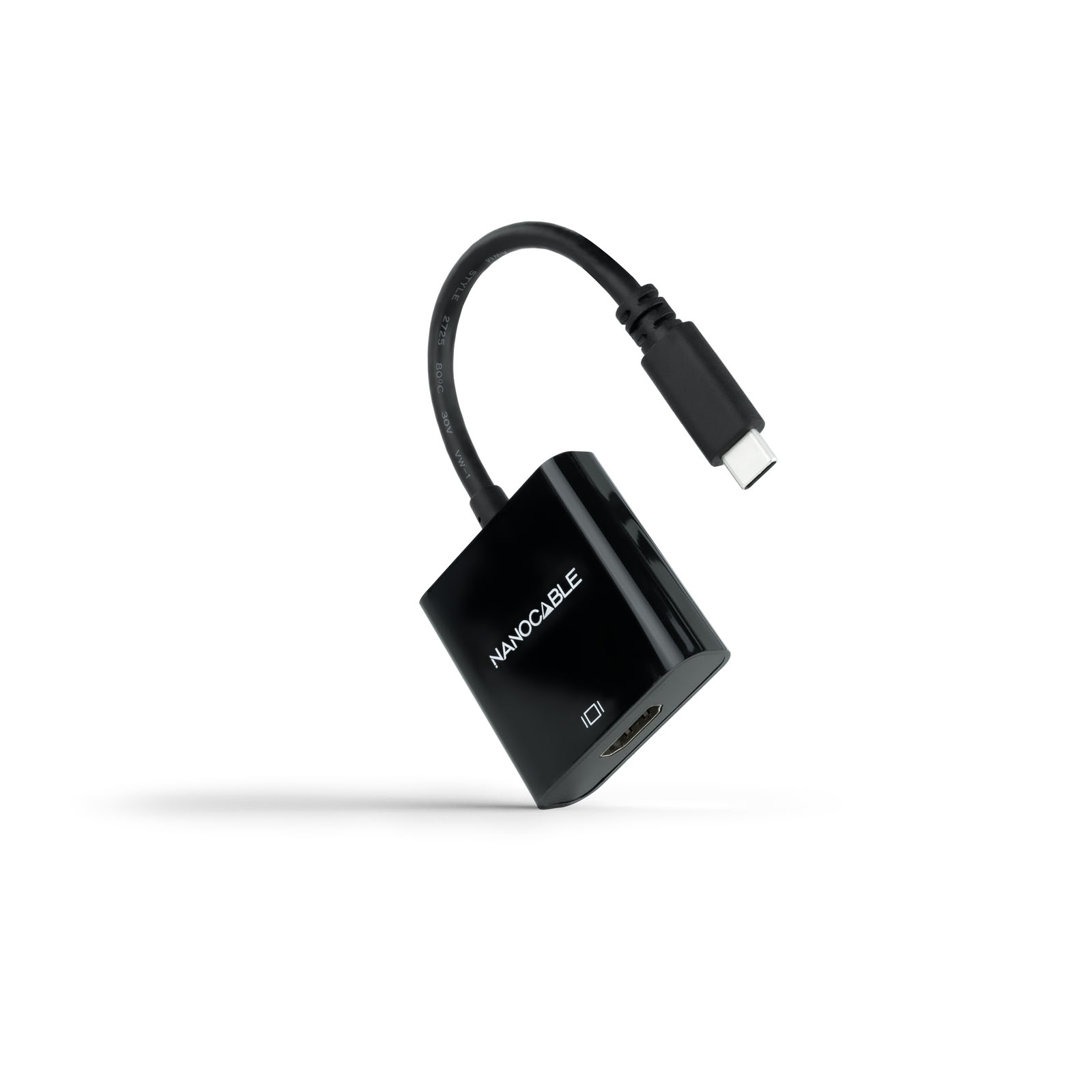 Schwarzer Nanokabel-Adapter mit USB-C- und HDMI-Anschlüssen. Weißer Hintergrund.