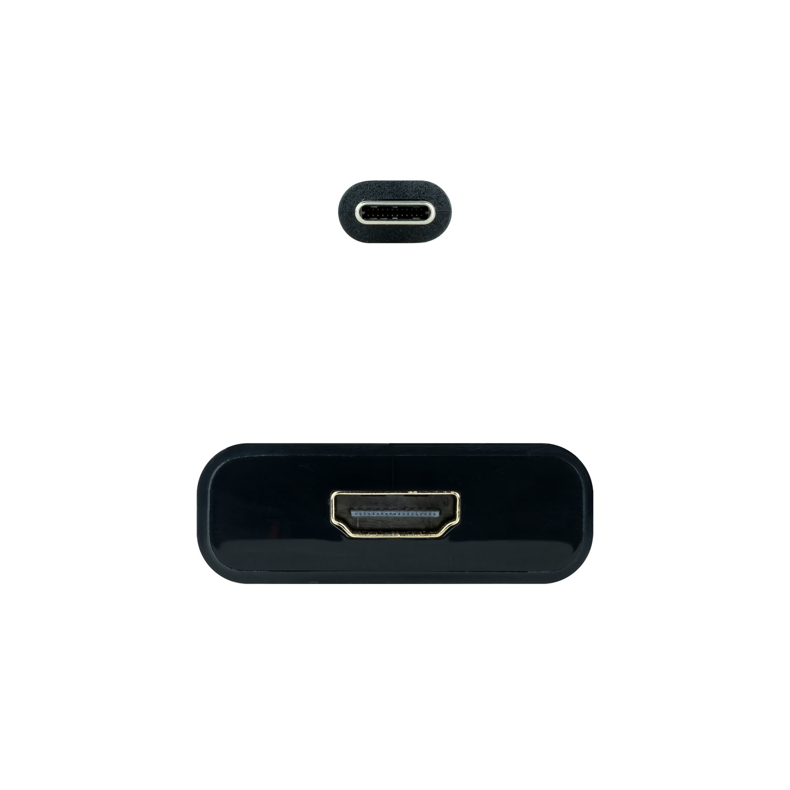 Draufsicht auf einen USB-C- und HDMI-Anschluss auf weißem Hintergrund. Beide sind schwarz mit silbernen Innenräumen.